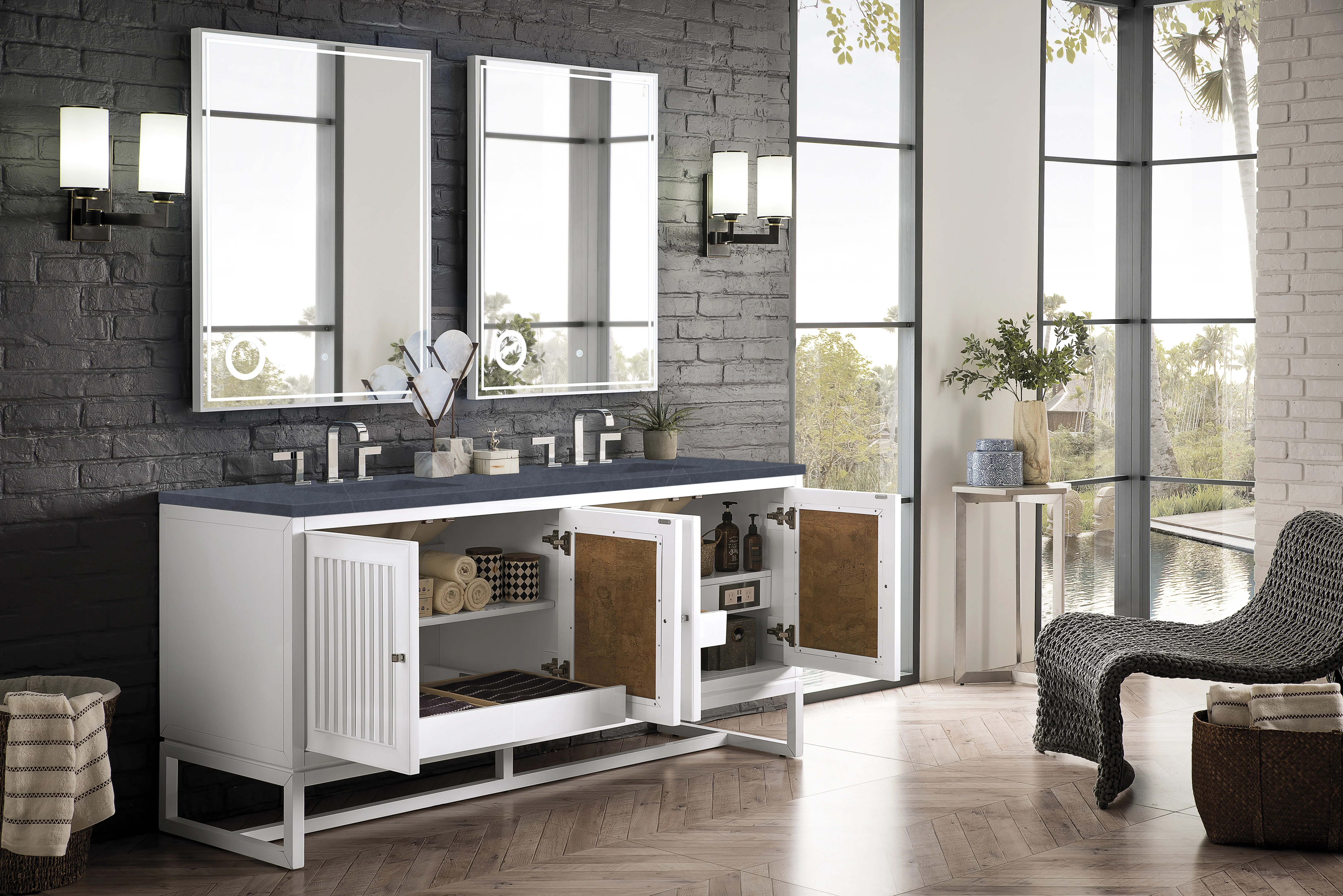 Athens 72" Double Vanity, Glossy White w/ 3 CM White Zeus Silestone Top