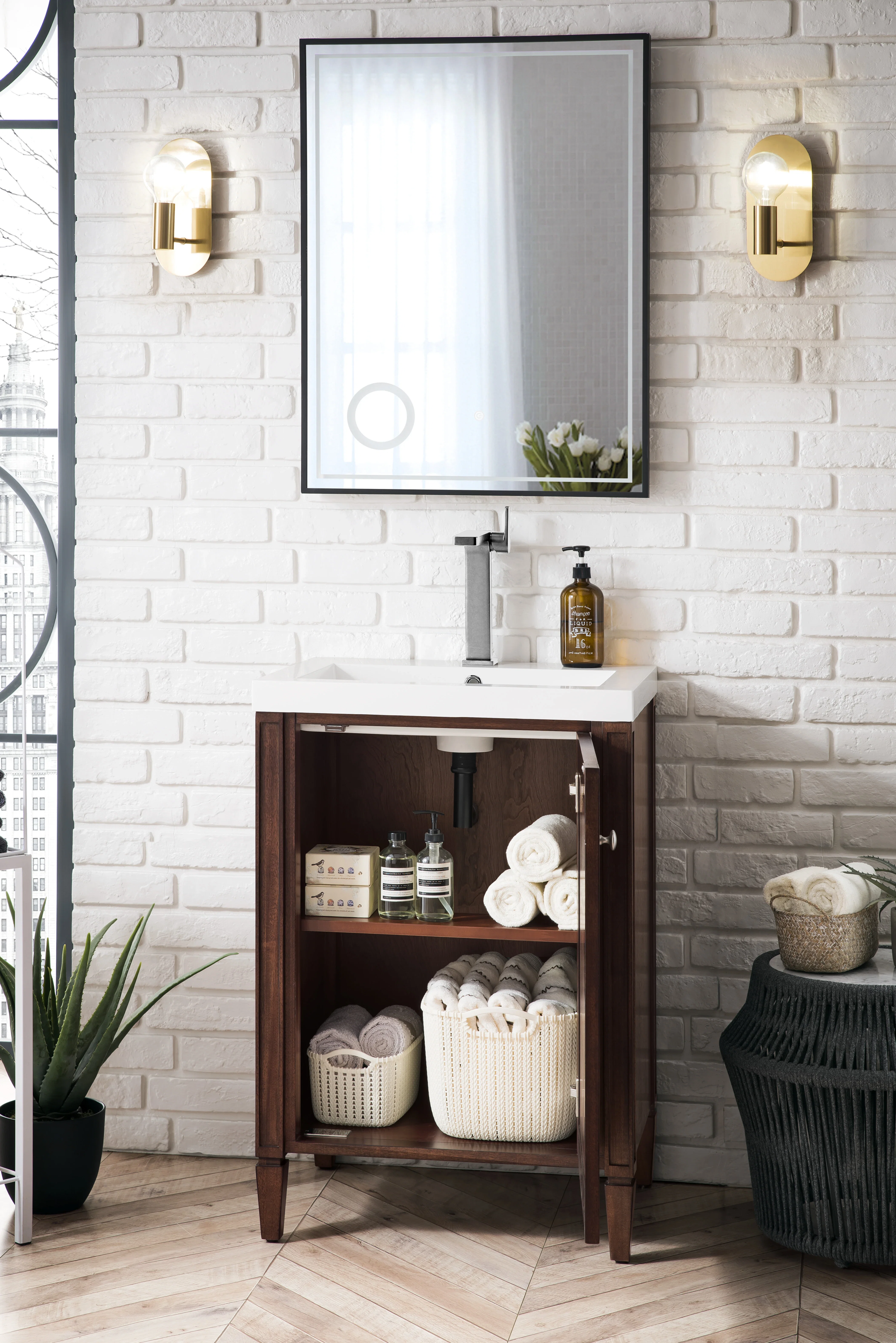 Britannia 24" Single Vanity, Mid-Century Acacia w/ White Glossy Composite Stone Top