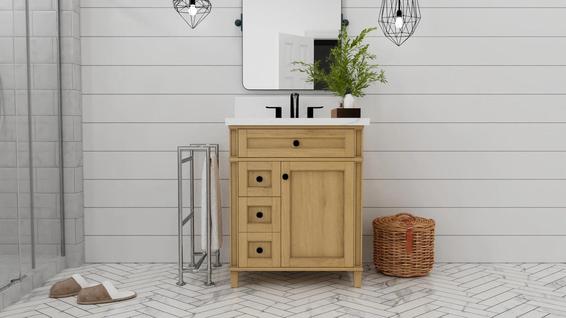 Kensington 30 inch left drawers bathroom vanity in Desert Oak, studio render