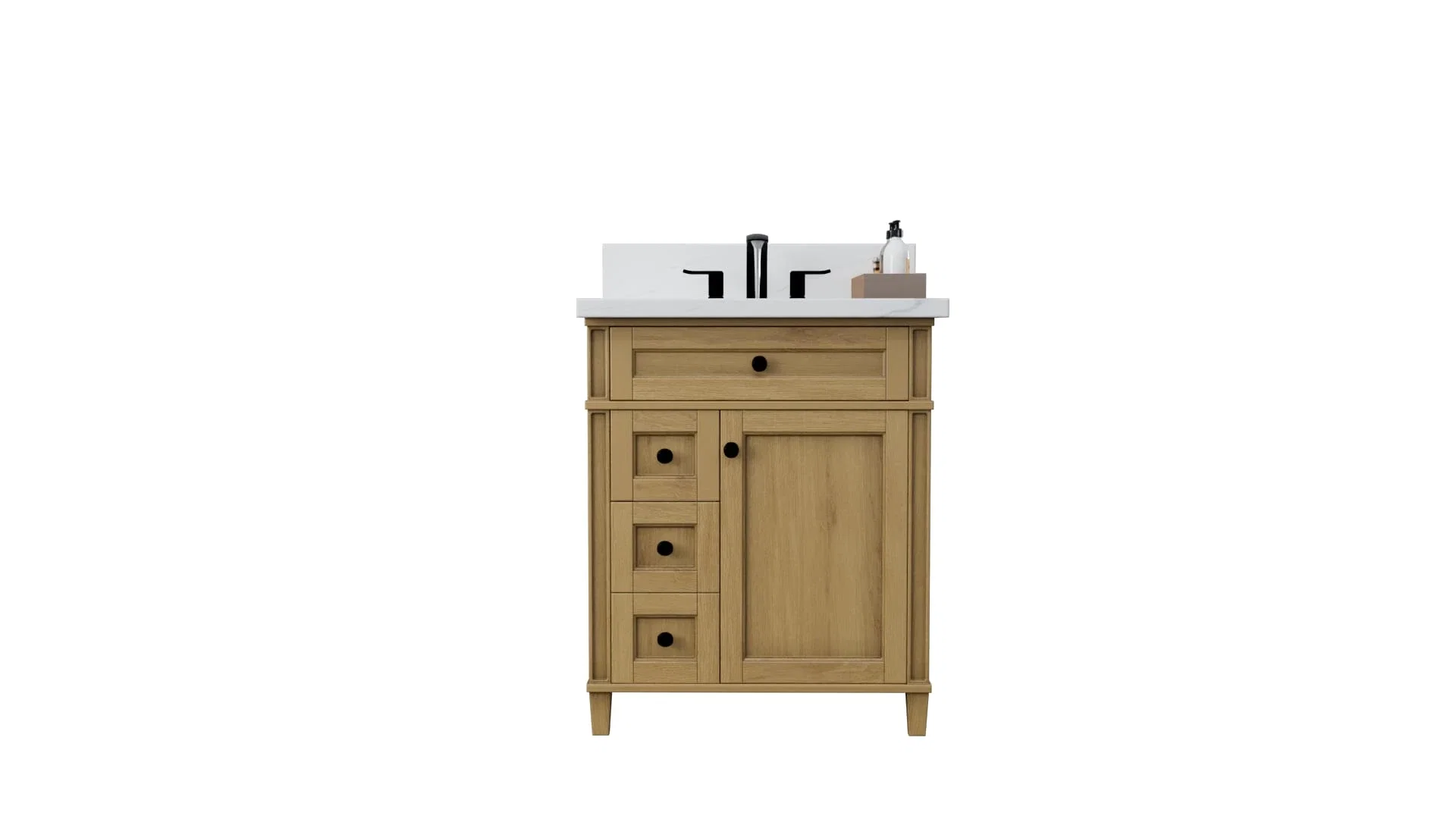 Kensington 30 inch left drawers bathroom vanity in Desert Oak, studio render