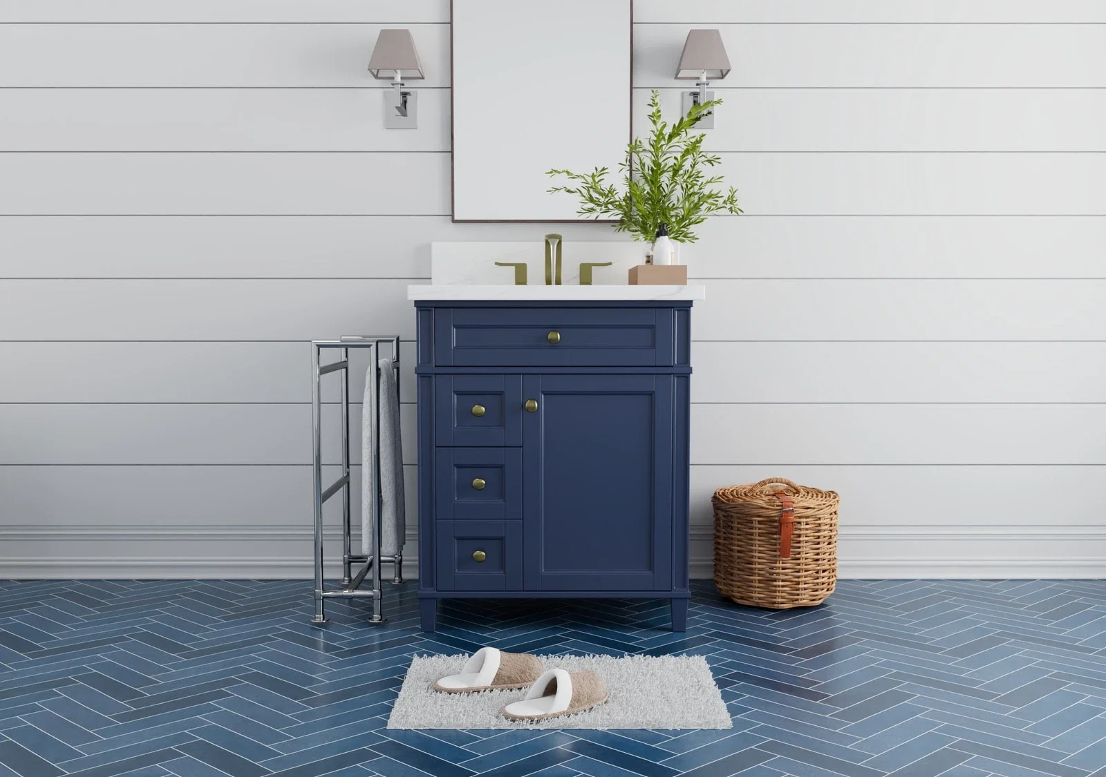 Kensington 30 inch left drawers bathroom vanity in Navy Blue, studio render
