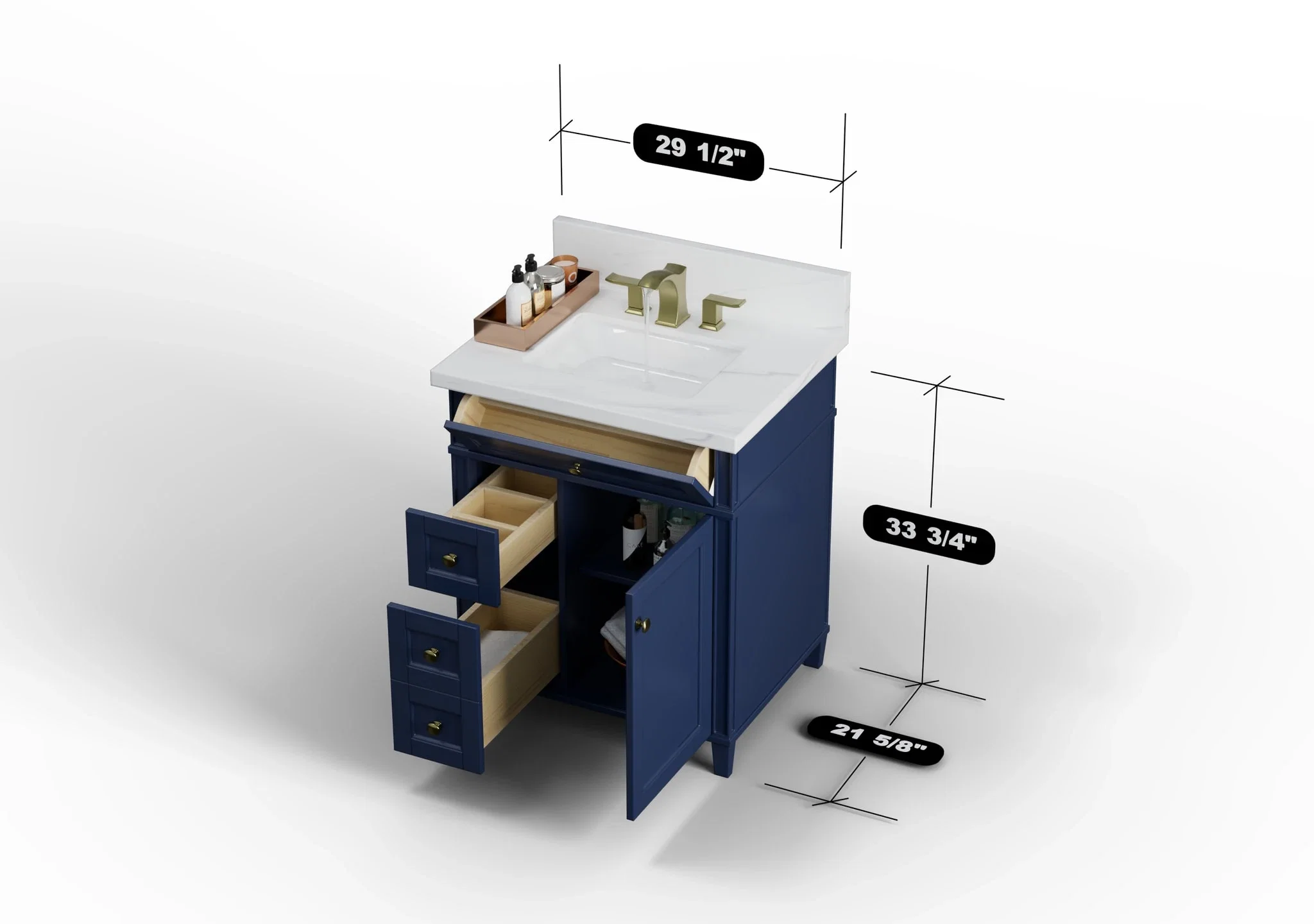 Kensington 30 inch left drawers bathroom vanity in Navy Blue, studio render