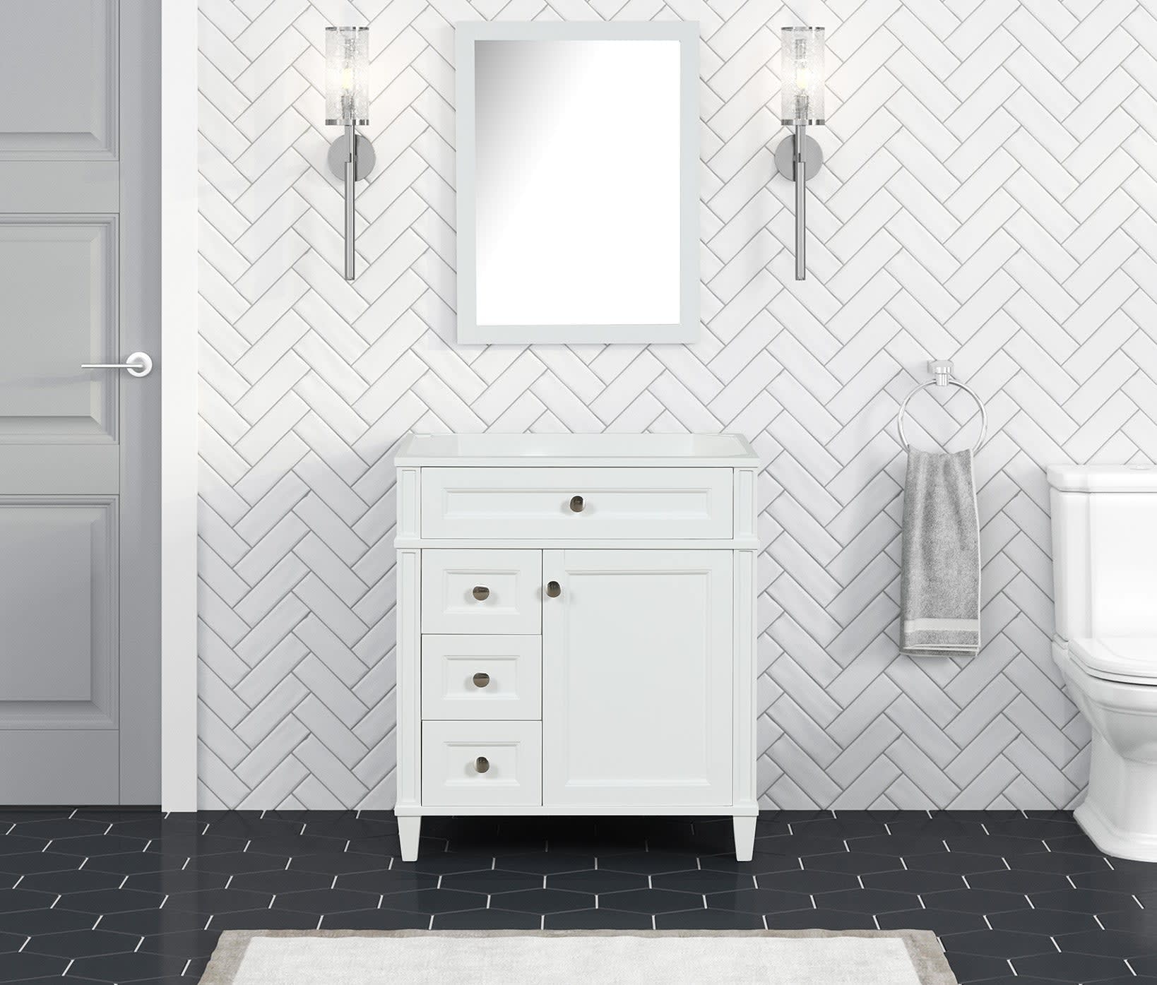 Kensington 30 inch left drawers bathroom vanity in Bright White, product view