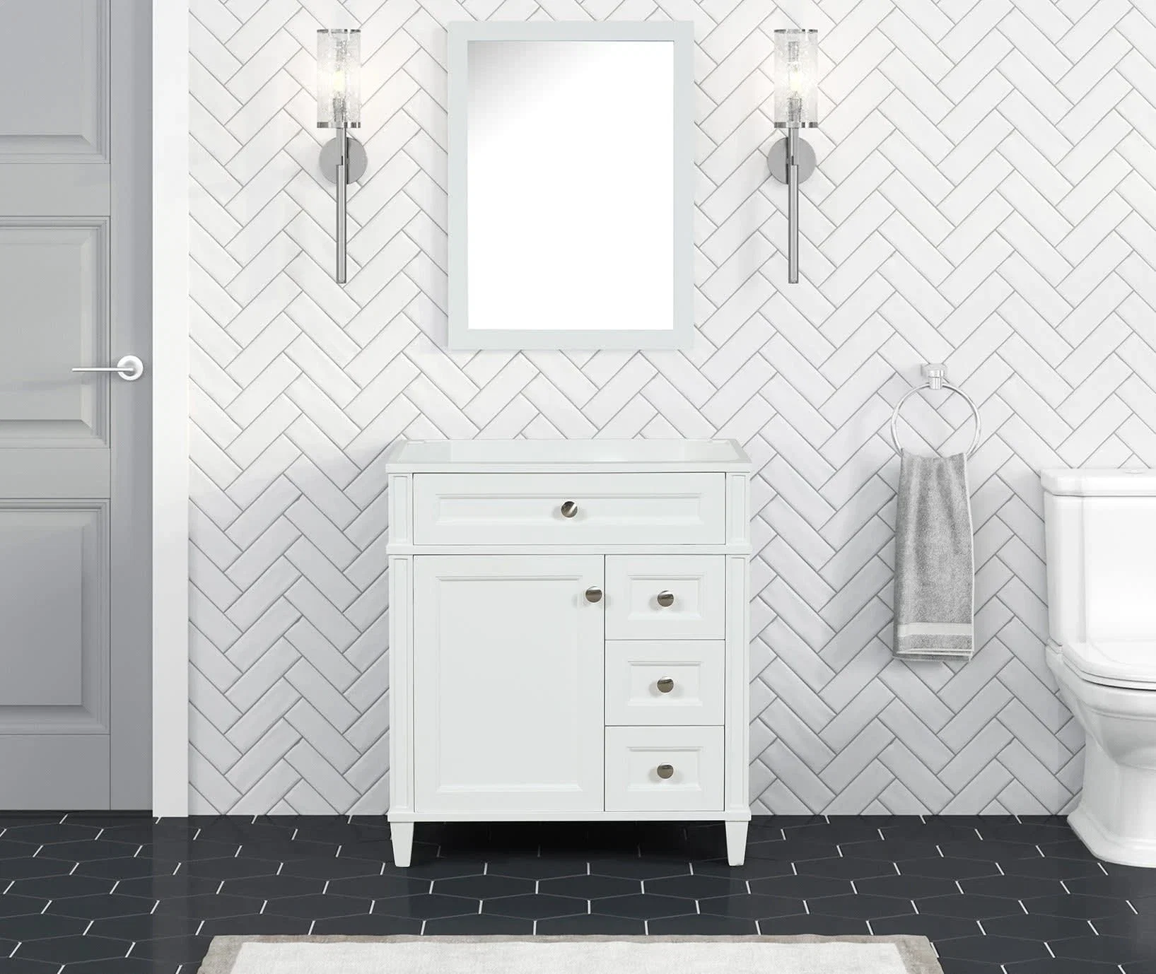 Kensington 30 inch right drawers bathroom vanity in Bright White, product view