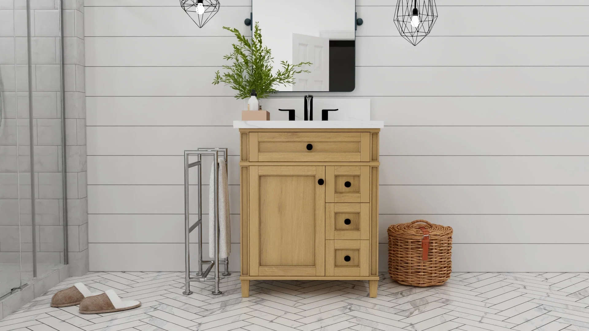 Kensington 30 inch right drawers bathroom vanity in Desert Oak, studio render