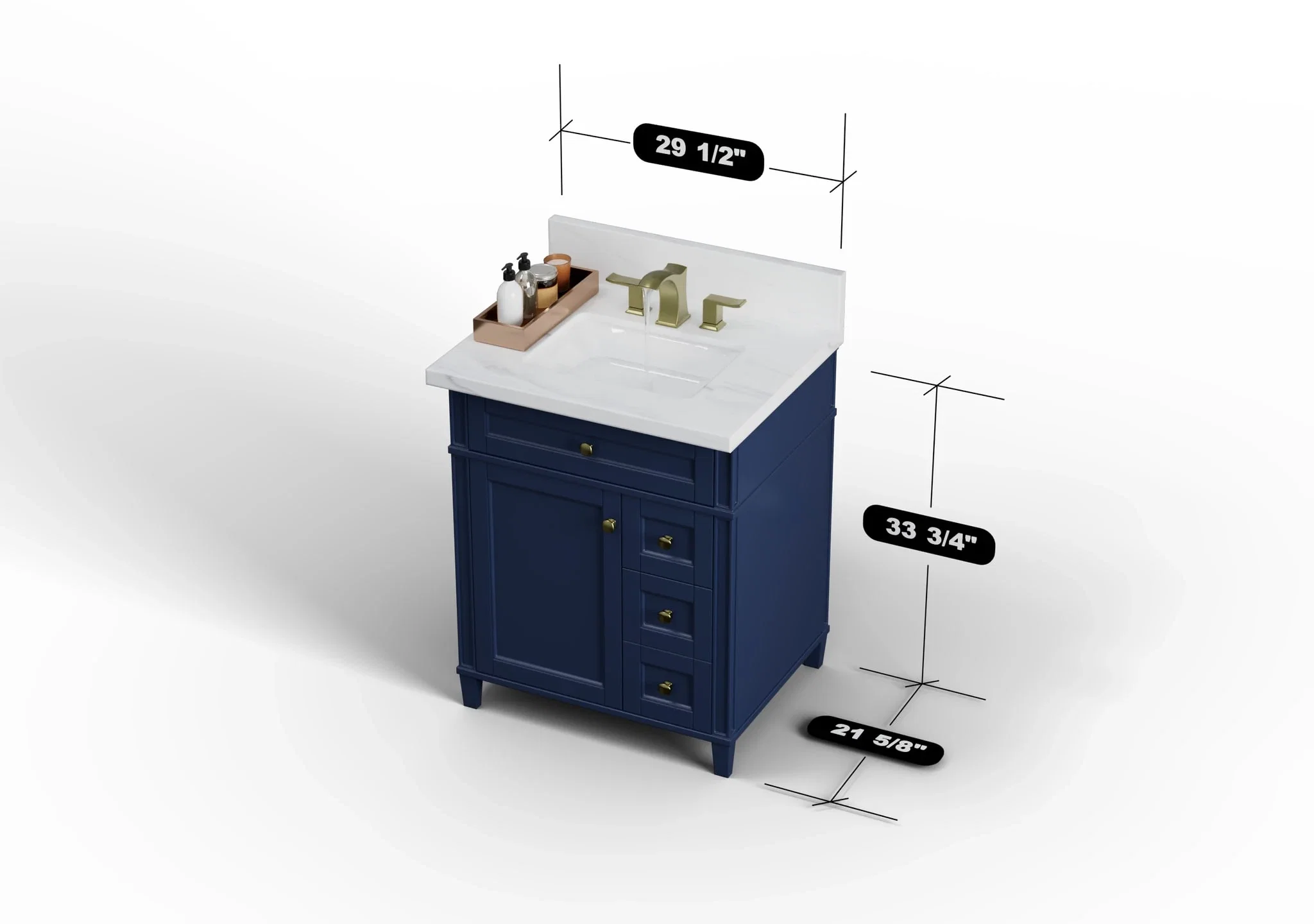 Kensington 30 inch right drawers bathroom vanity in Navy Blue, studio render