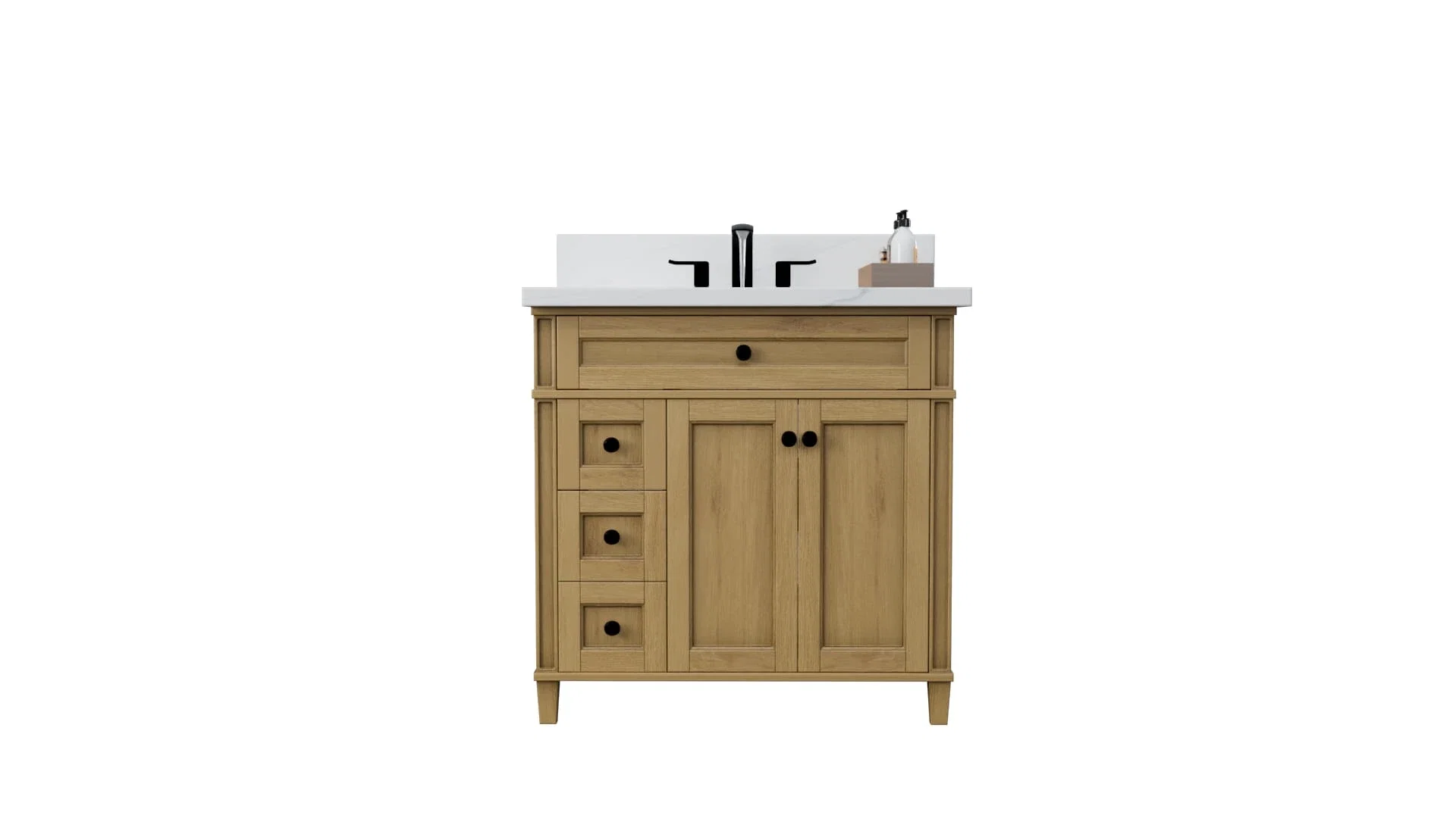 Kensington 36 inch left drawers bathroom vanity in Desert Oak, studio render