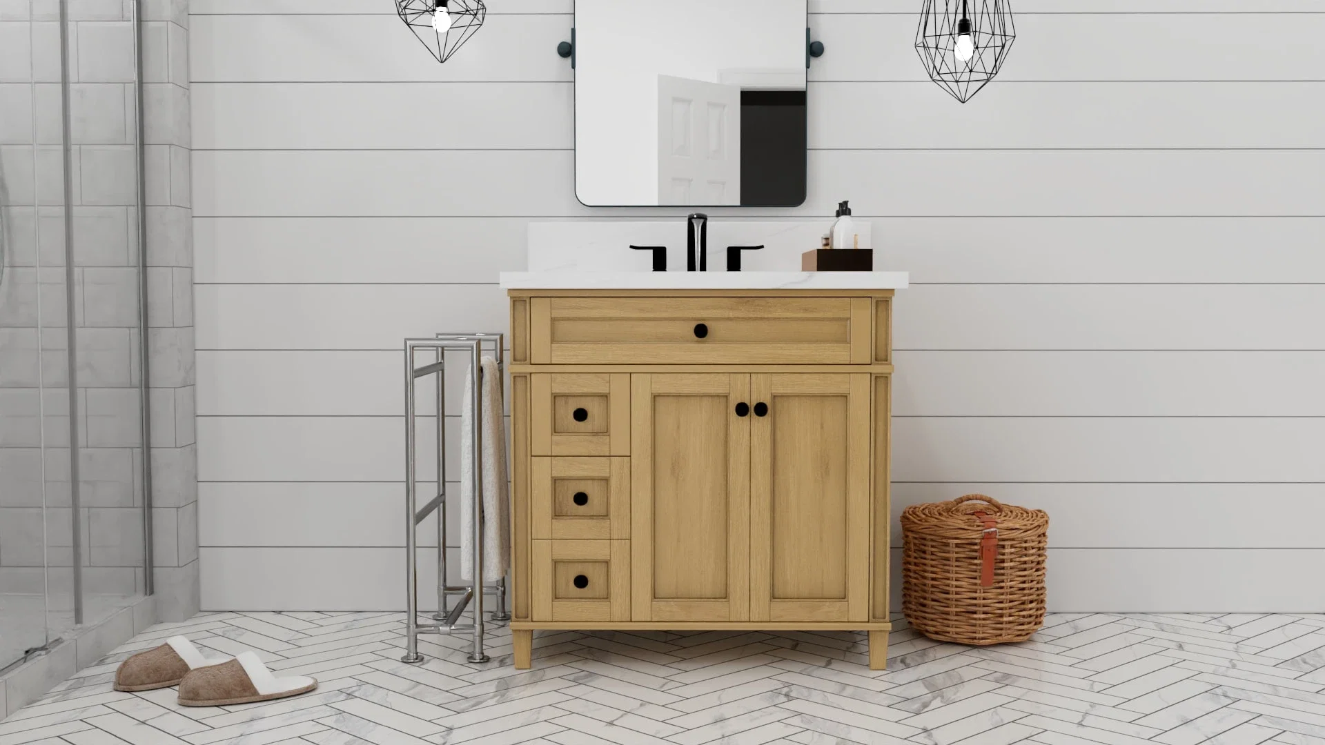 Kensington 36 inch left drawers bathroom vanity in Desert Oak, studio render