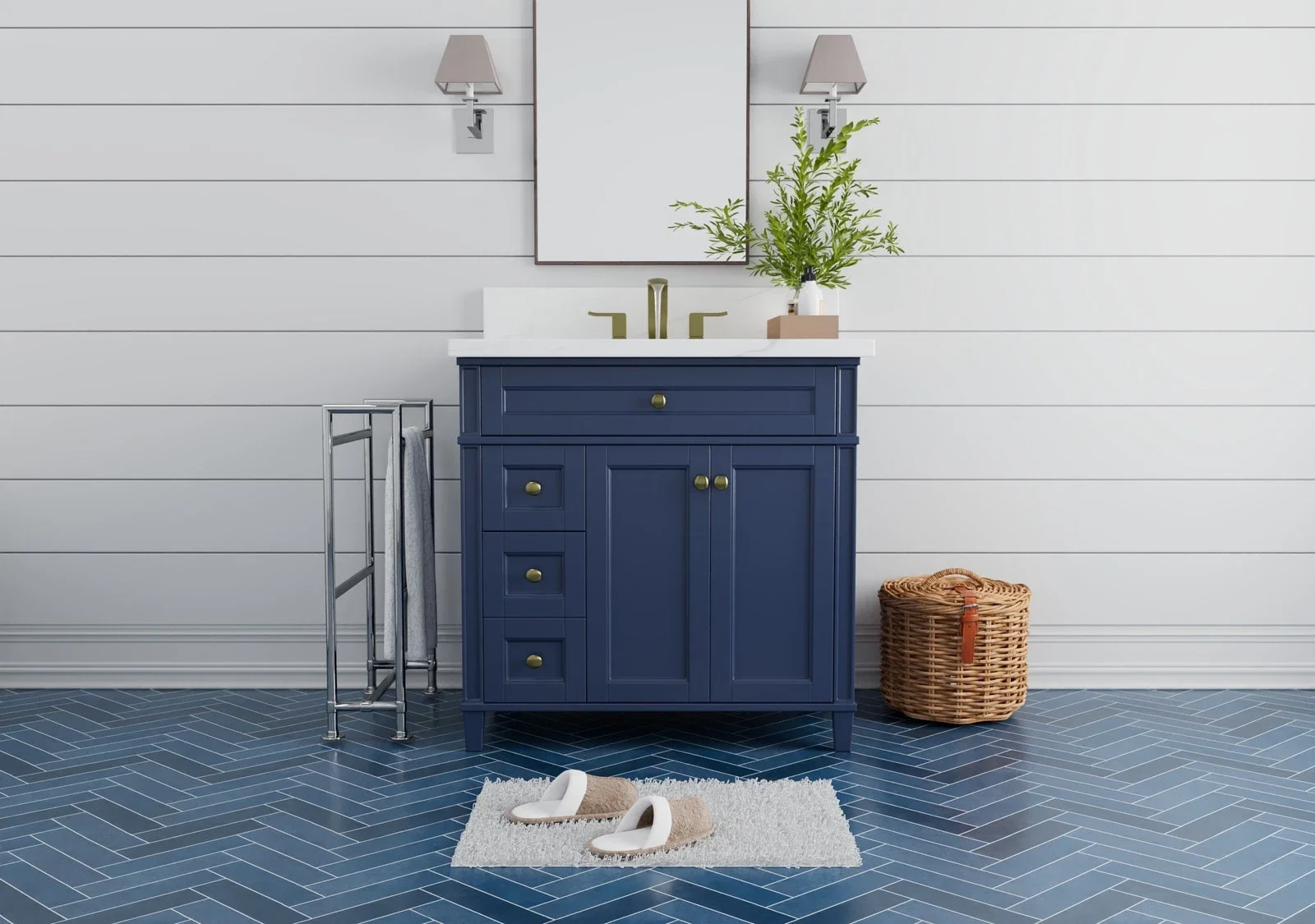 Kensington 36 inch left drawers bathroom vanity in Navy Blue, studio render