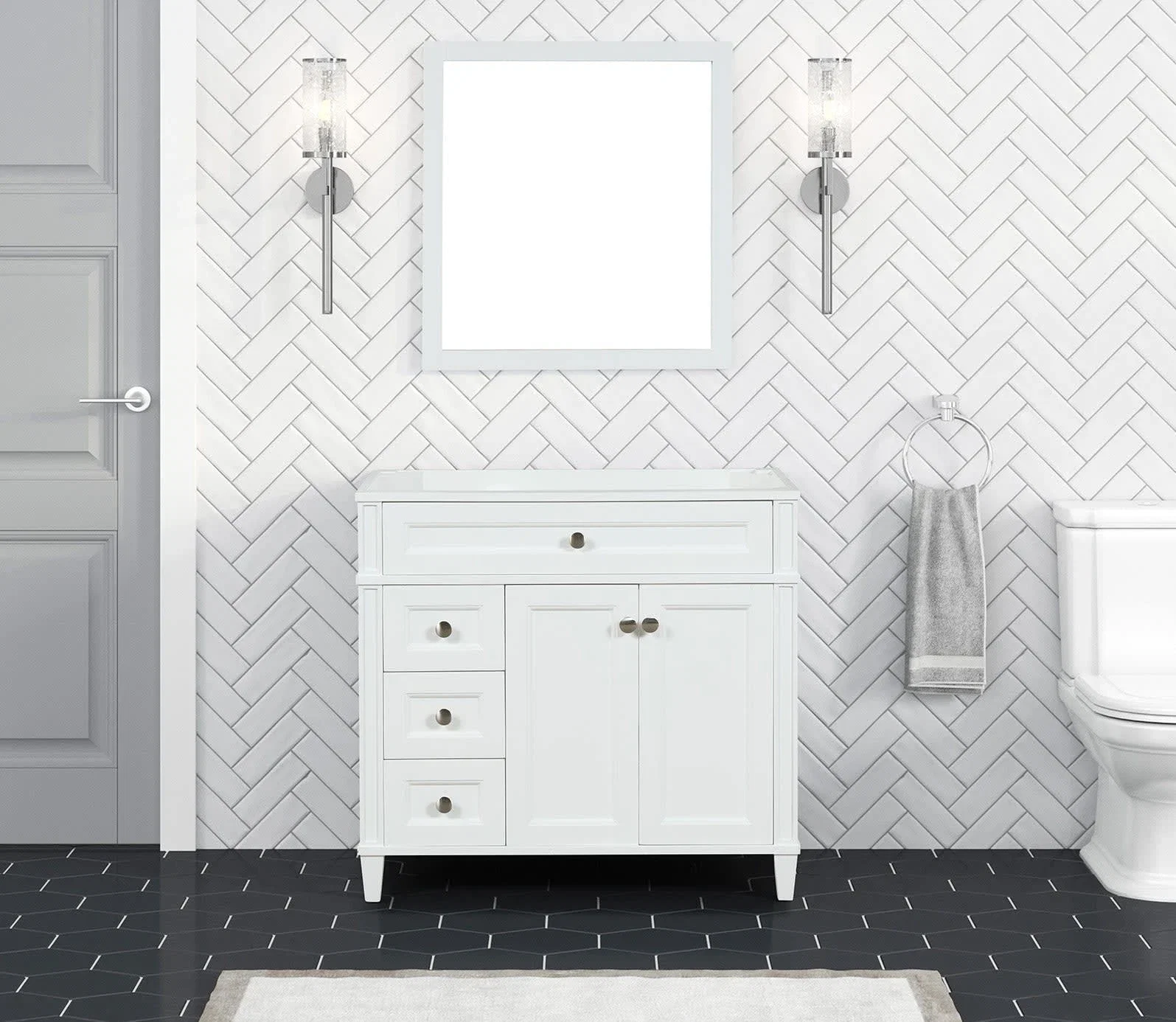 Kensington 36 inch left drawers bathroom vanity in Bright White, product view