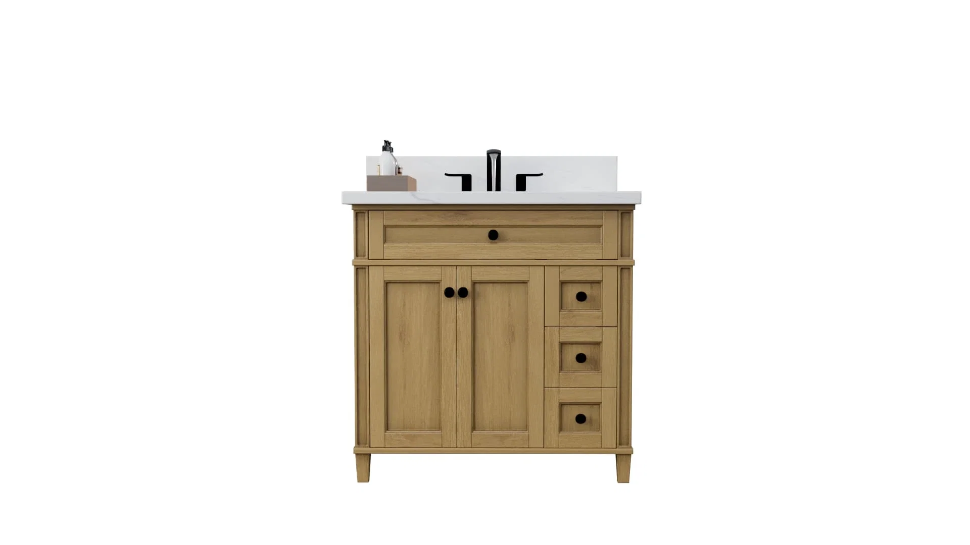 Kensington 36 inch right drawers bathroom vanity in Desert Oak, studio render