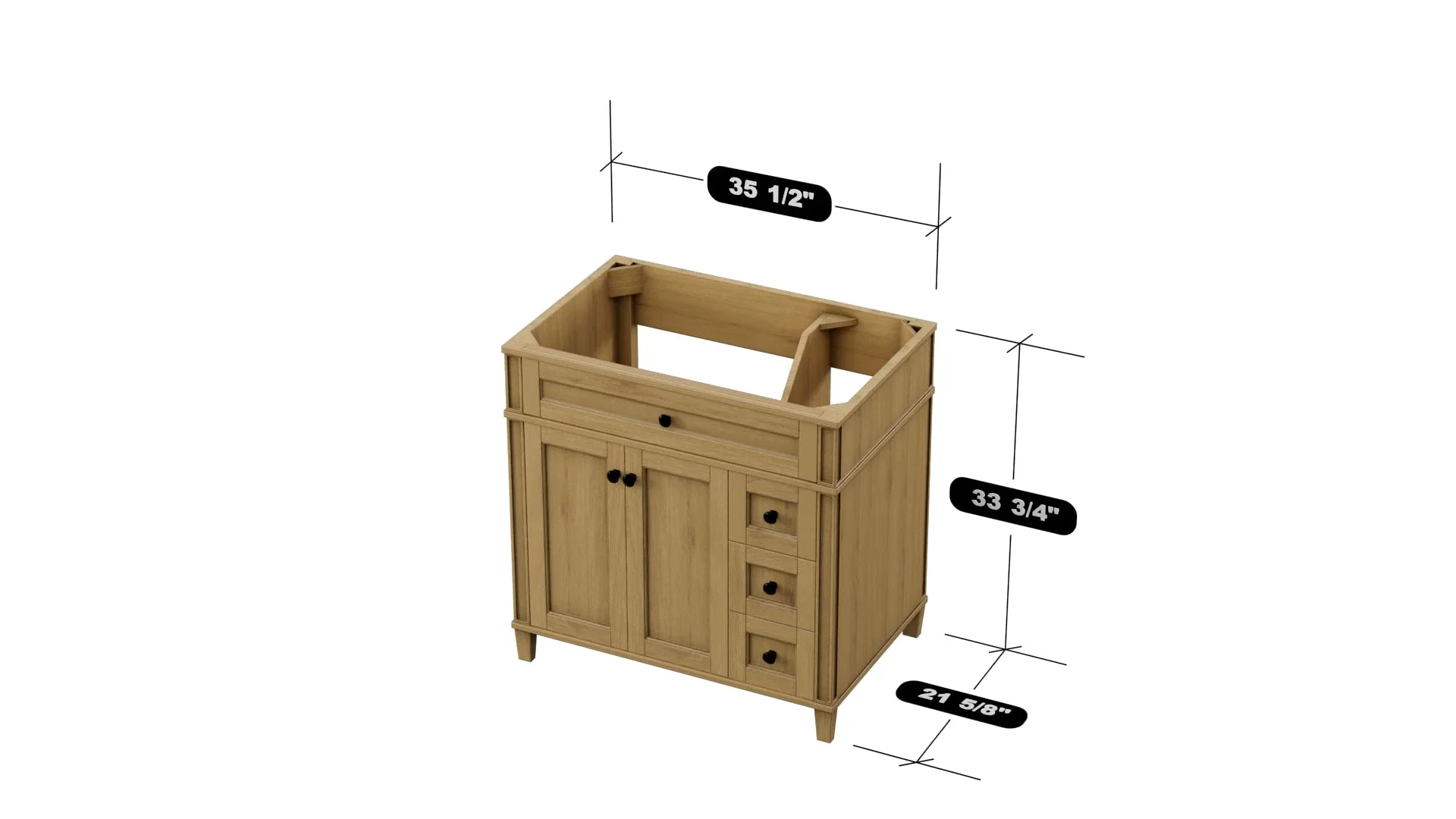 Kensington 36 inch right drawers bathroom vanity in Desert Oak, studio render