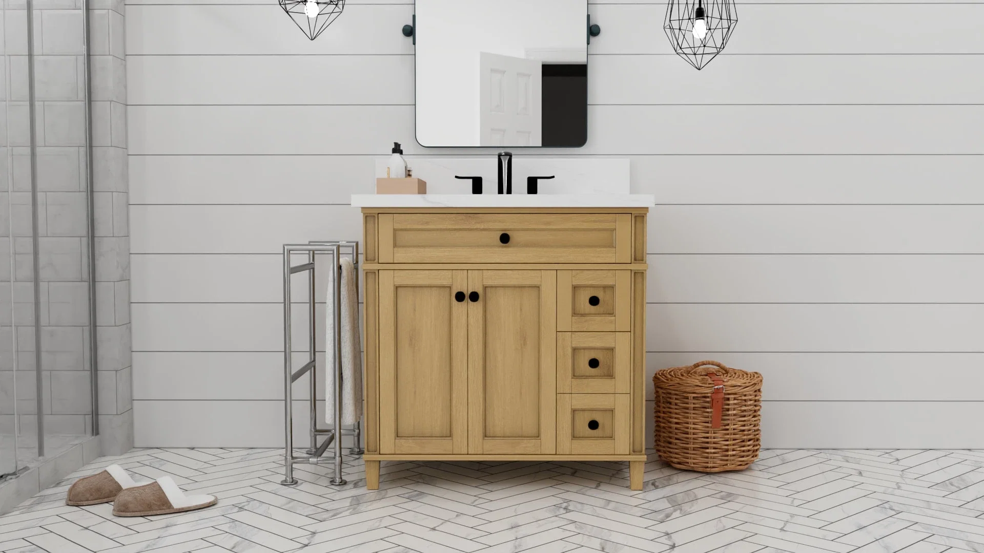 Kensington 36 inch right drawers bathroom vanity in Desert Oak, studio render