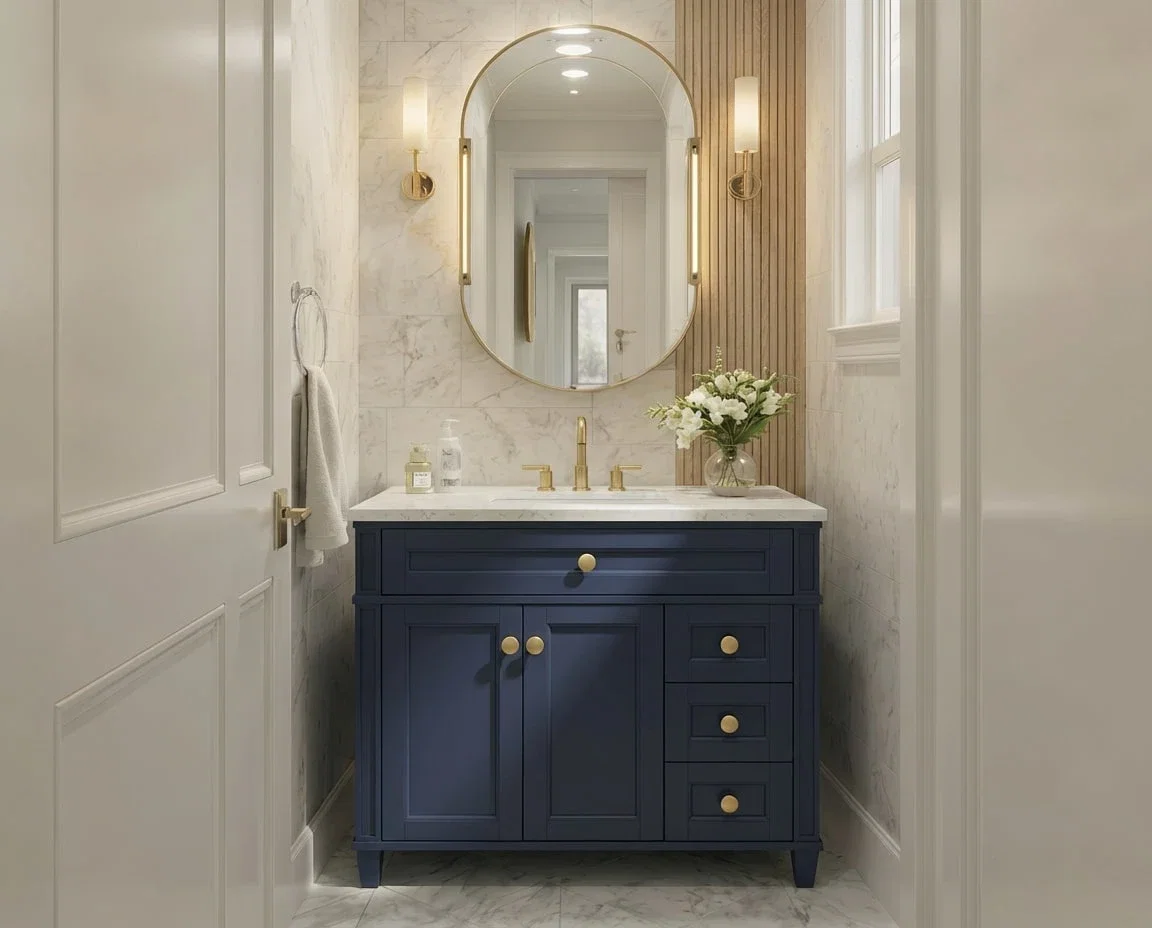 Kensington 36 inch right drawers bathroom vanity in Navy Blue, render view