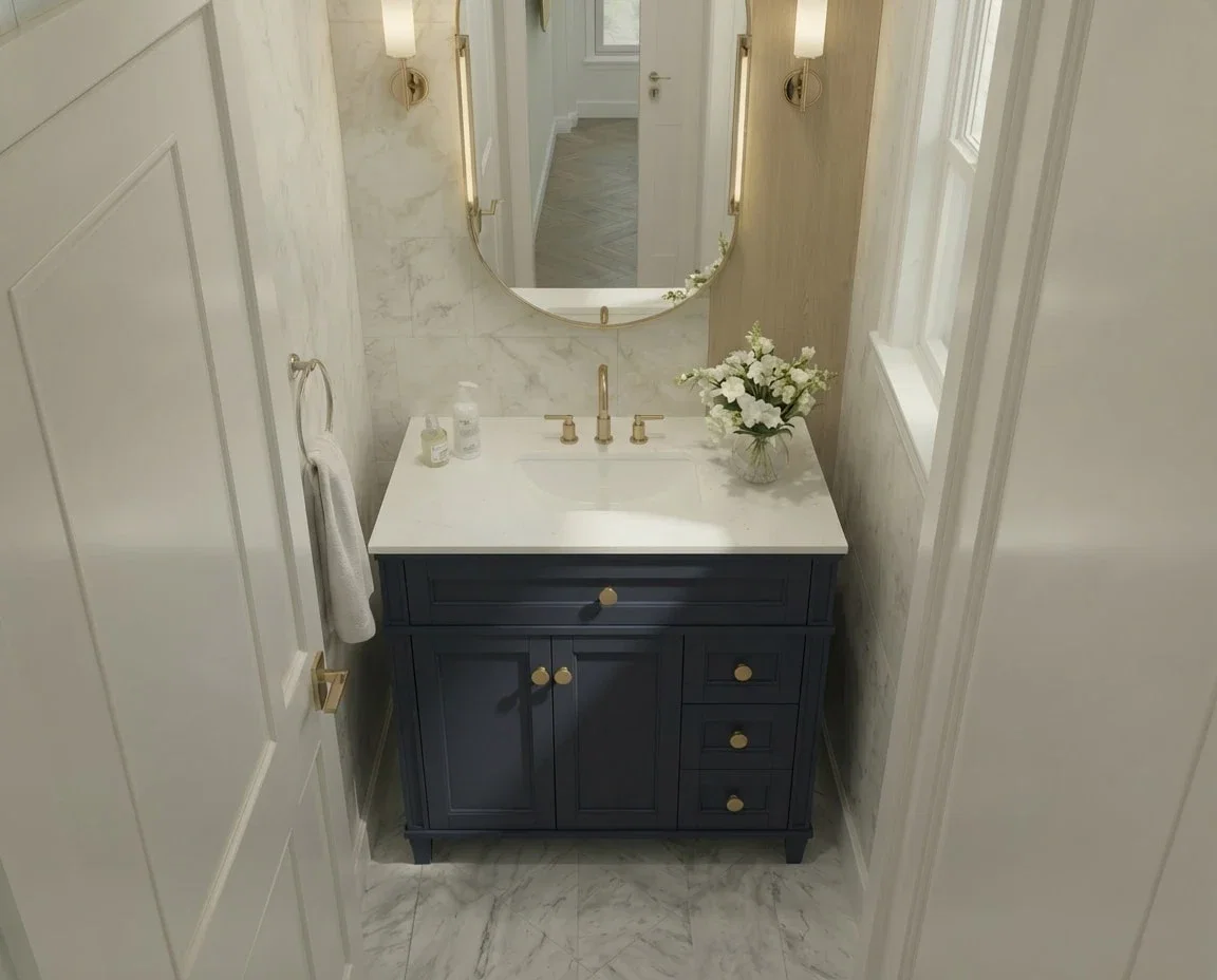 Kensington 36 inch right drawers bathroom vanity in Navy Blue, render view