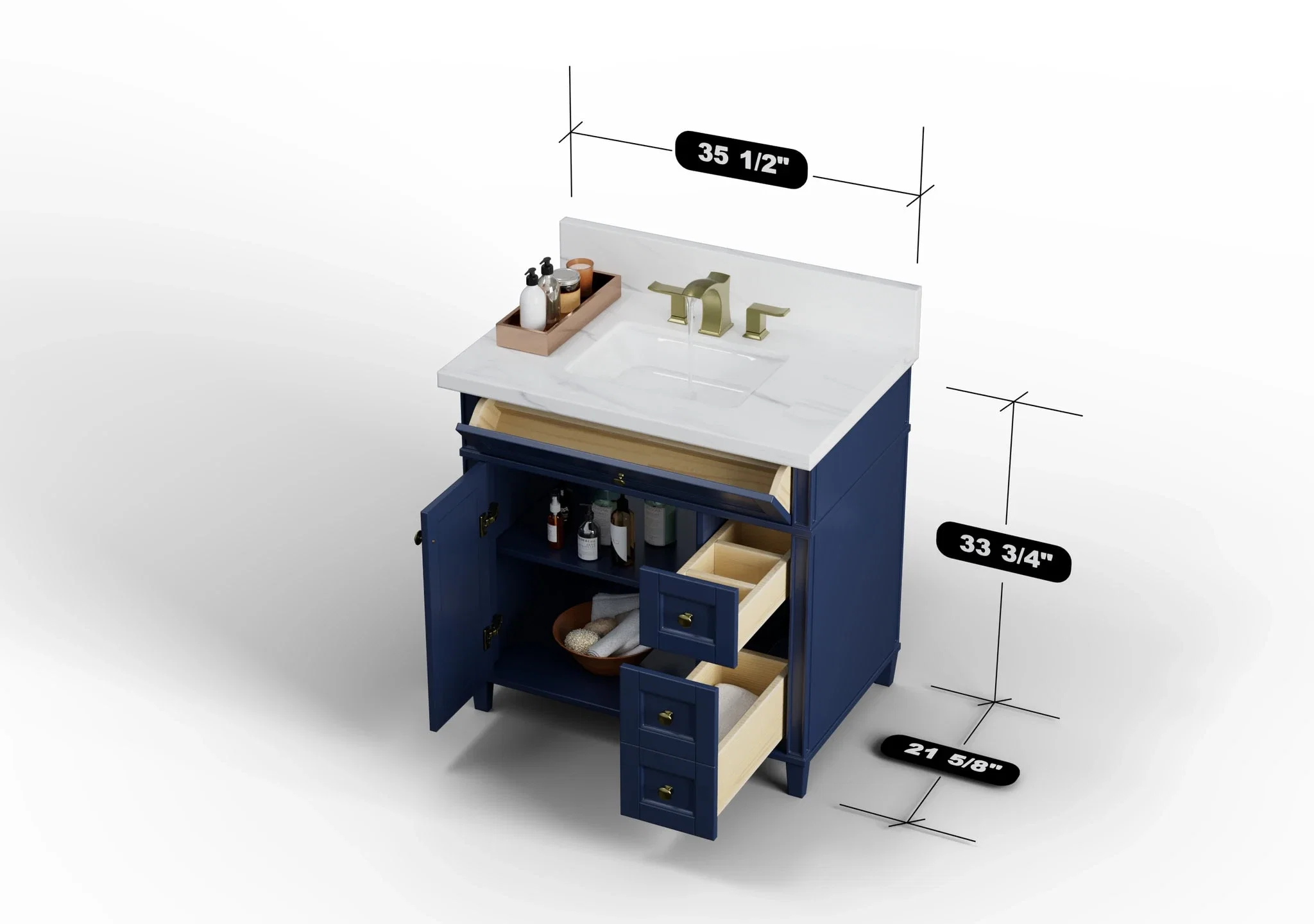 Kensington 36 inch right drawers bathroom vanity in Navy Blue, studio render