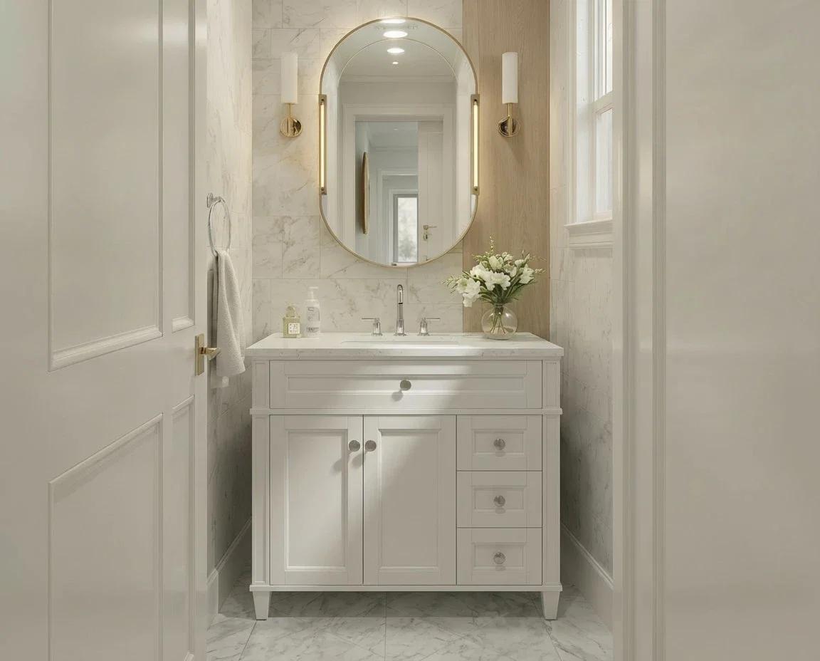 Kensington 36 inch right drawers bathroom vanity in Bright White, render view