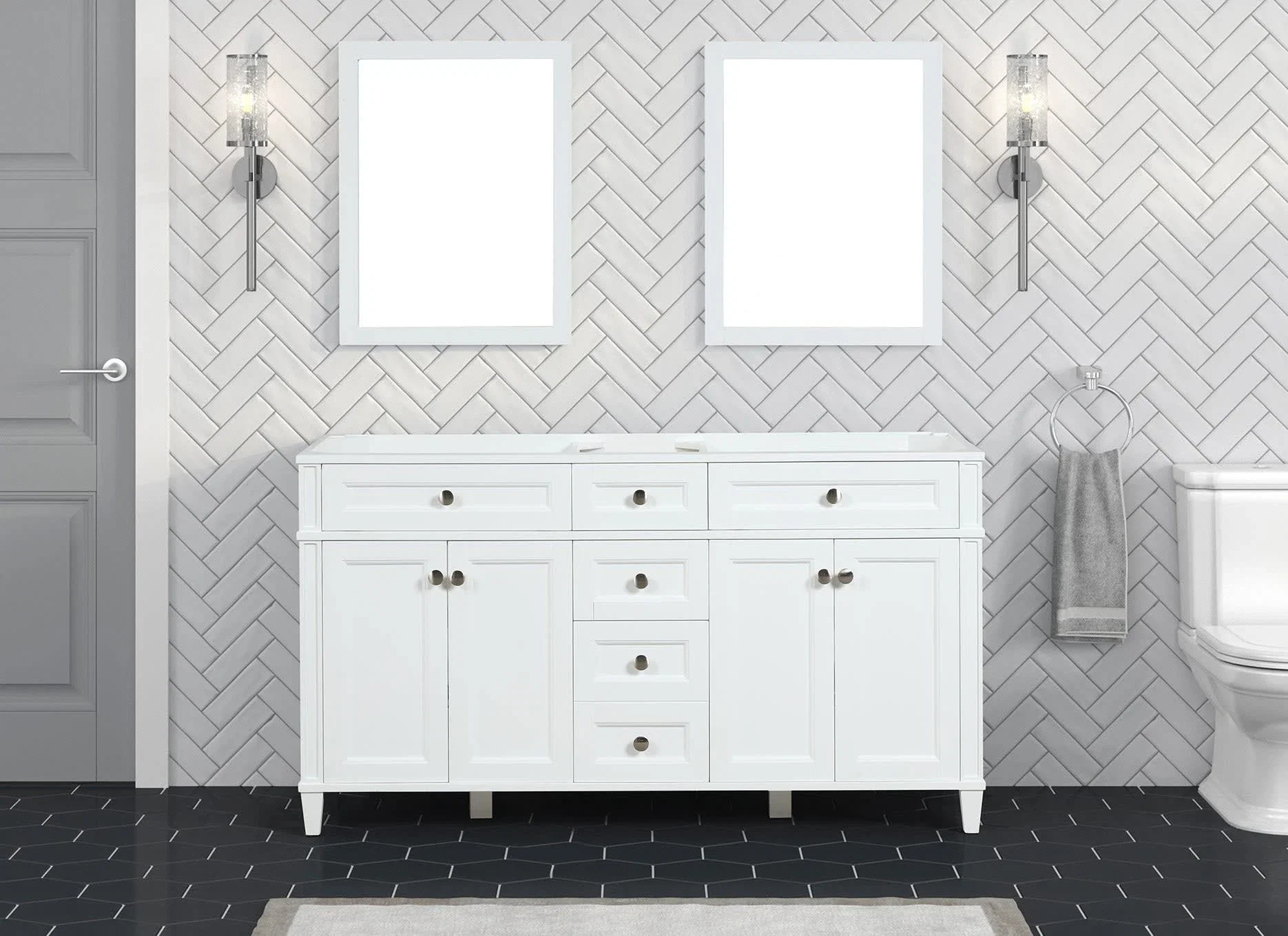 Kensington 60 inch double sink bathroom vanity in Bright White, product view