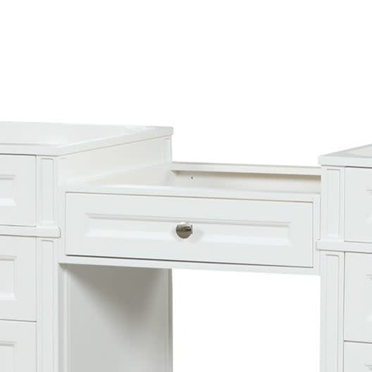 Kensington 23 inch bridge drawer in Bright White, shown between two vanities