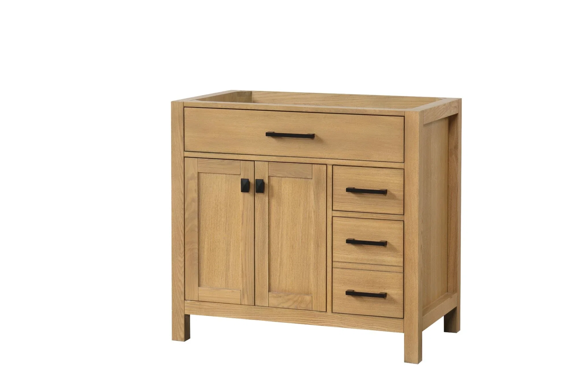 London 36 inch right drawers bathroom vanity in Desert Oak, styled in a modern bathroom
