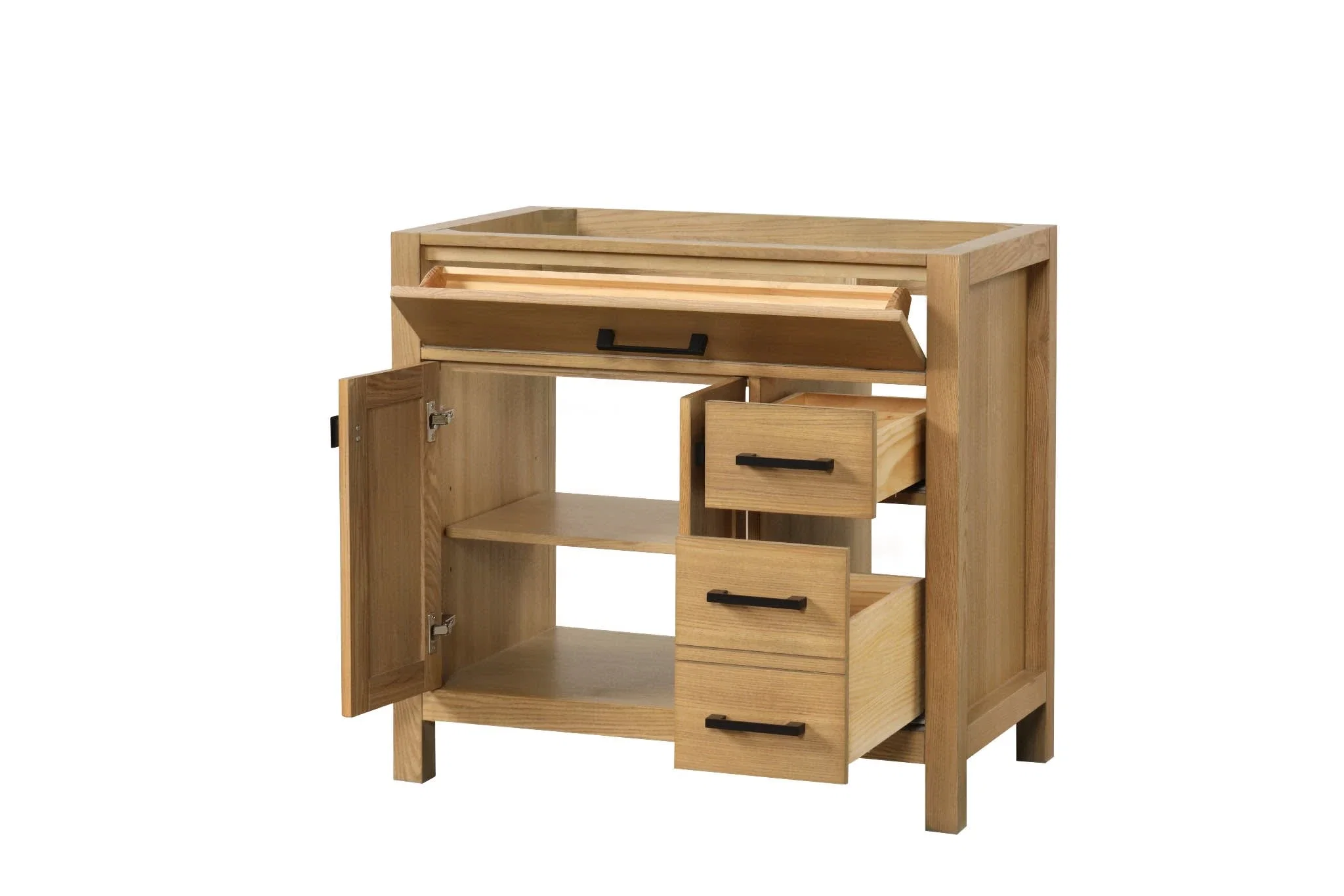 London 36 inch right drawers bathroom vanity in Desert Oak, styled in a modern bathroom