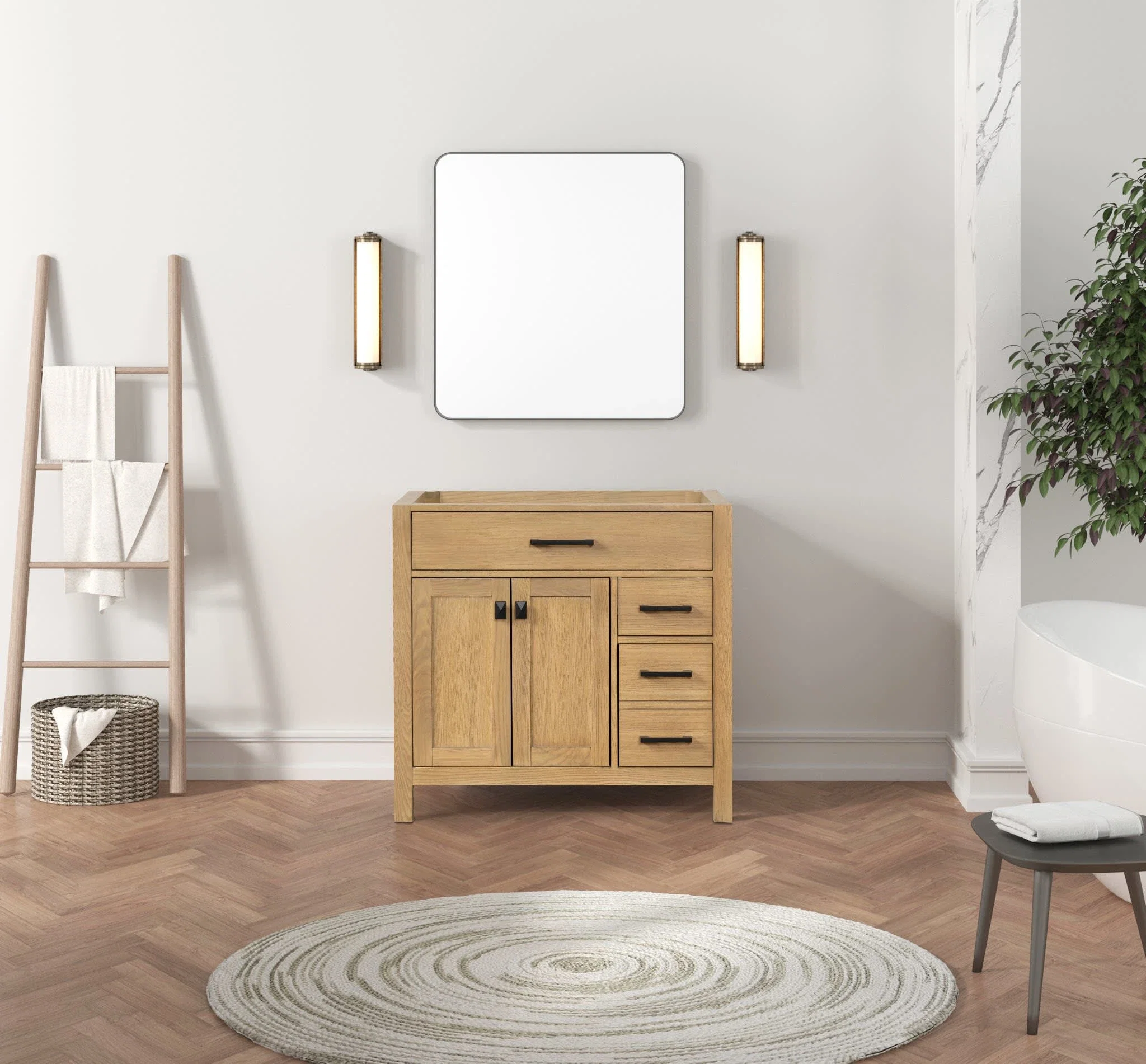 London 36 inch right drawers bathroom vanity in Desert Oak, composite view