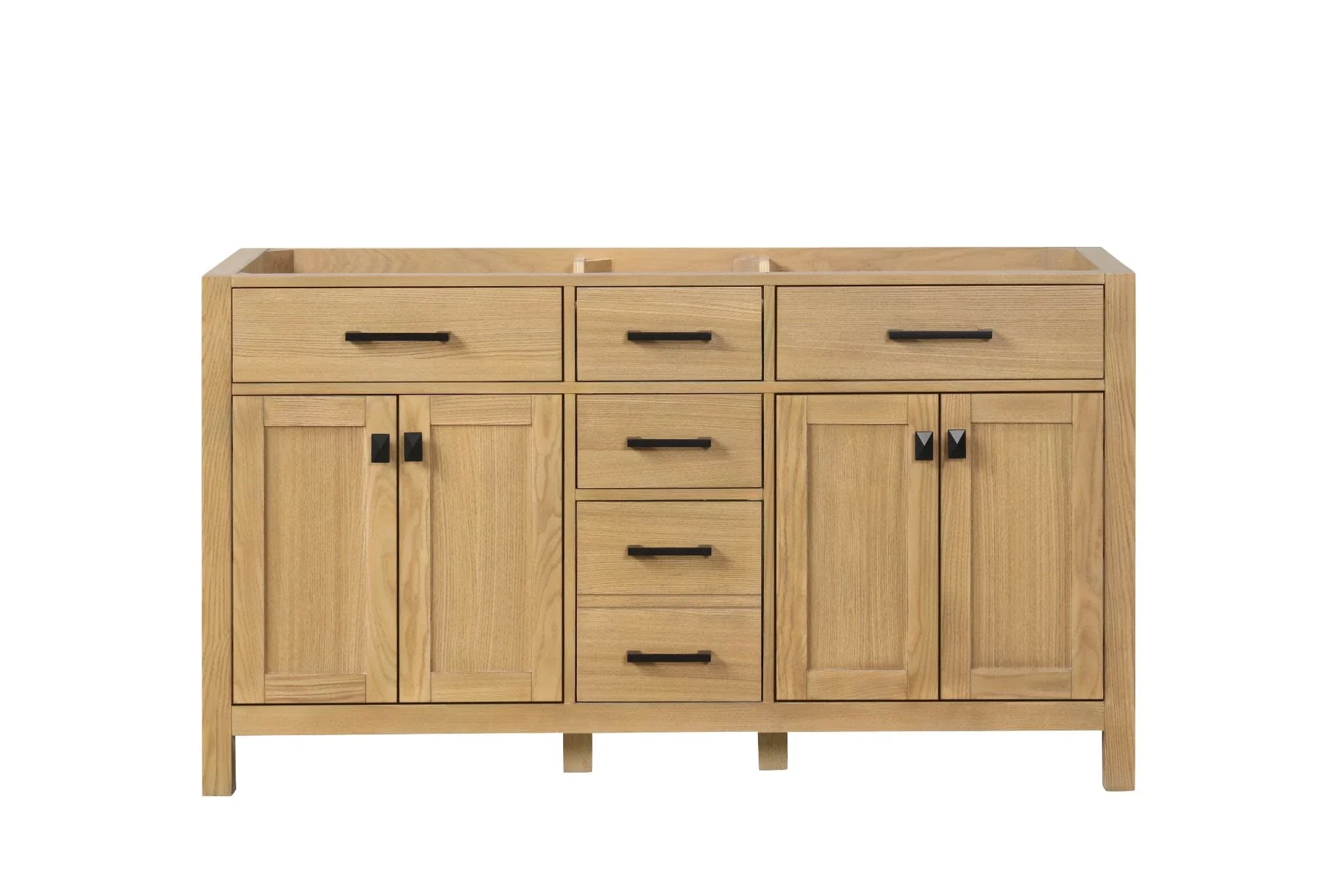 London 60 inch single sink bathroom vanity in Desert Oak, styled in a modern bathroom