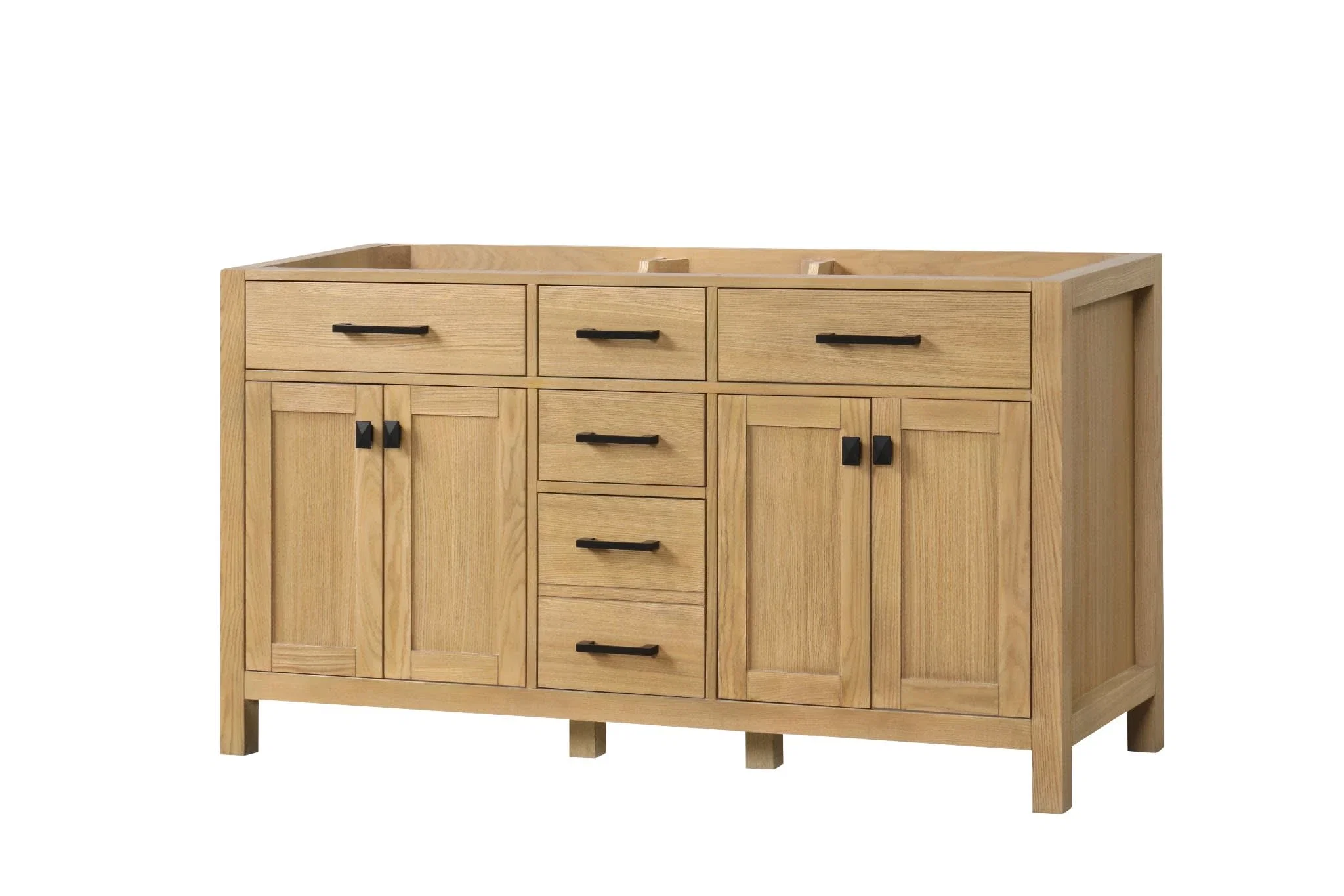 London 60 inch single sink bathroom vanity in Desert Oak, styled in a modern bathroom