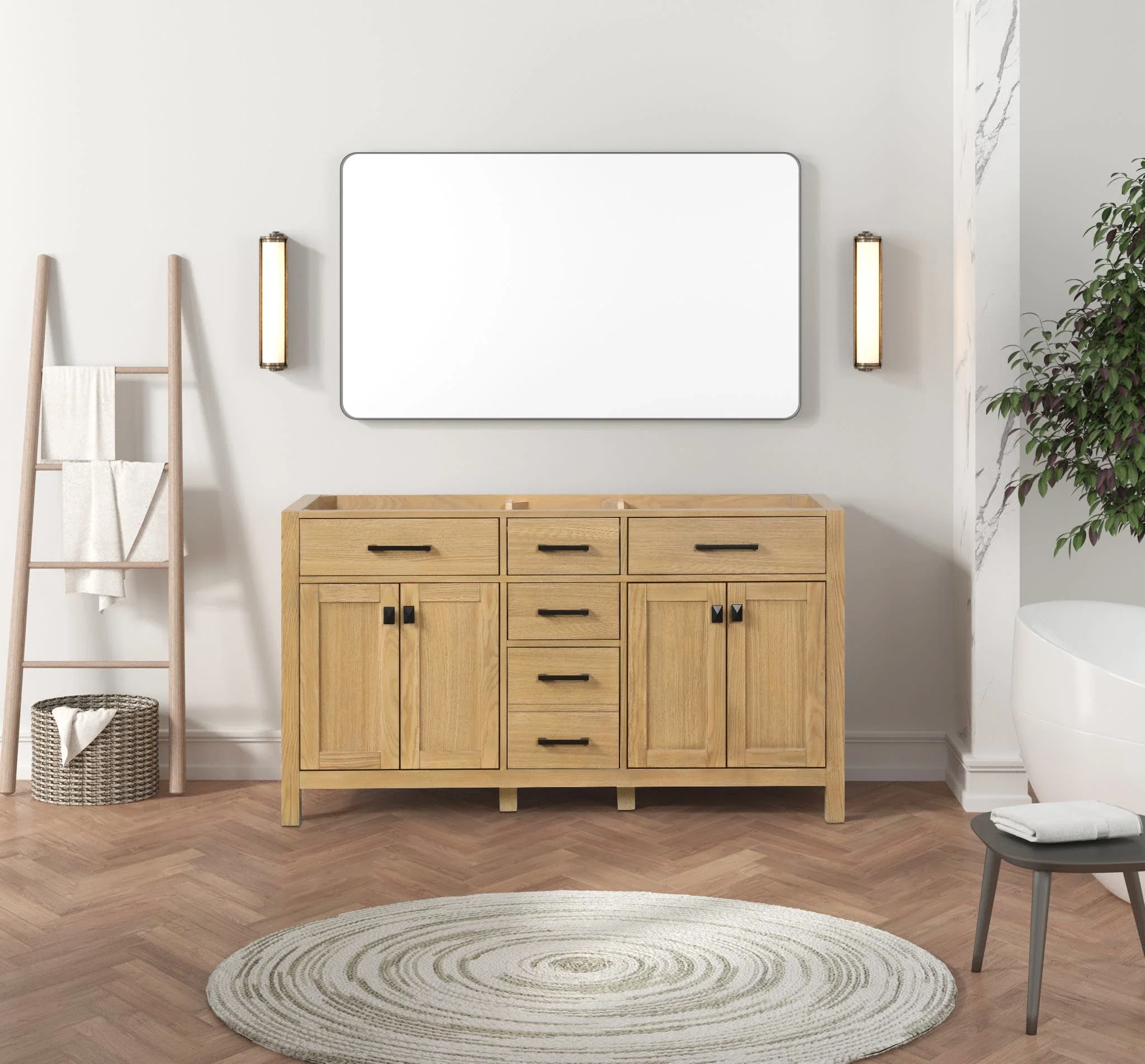 London 60 inch single sink bathroom vanity in Desert Oak, composite view