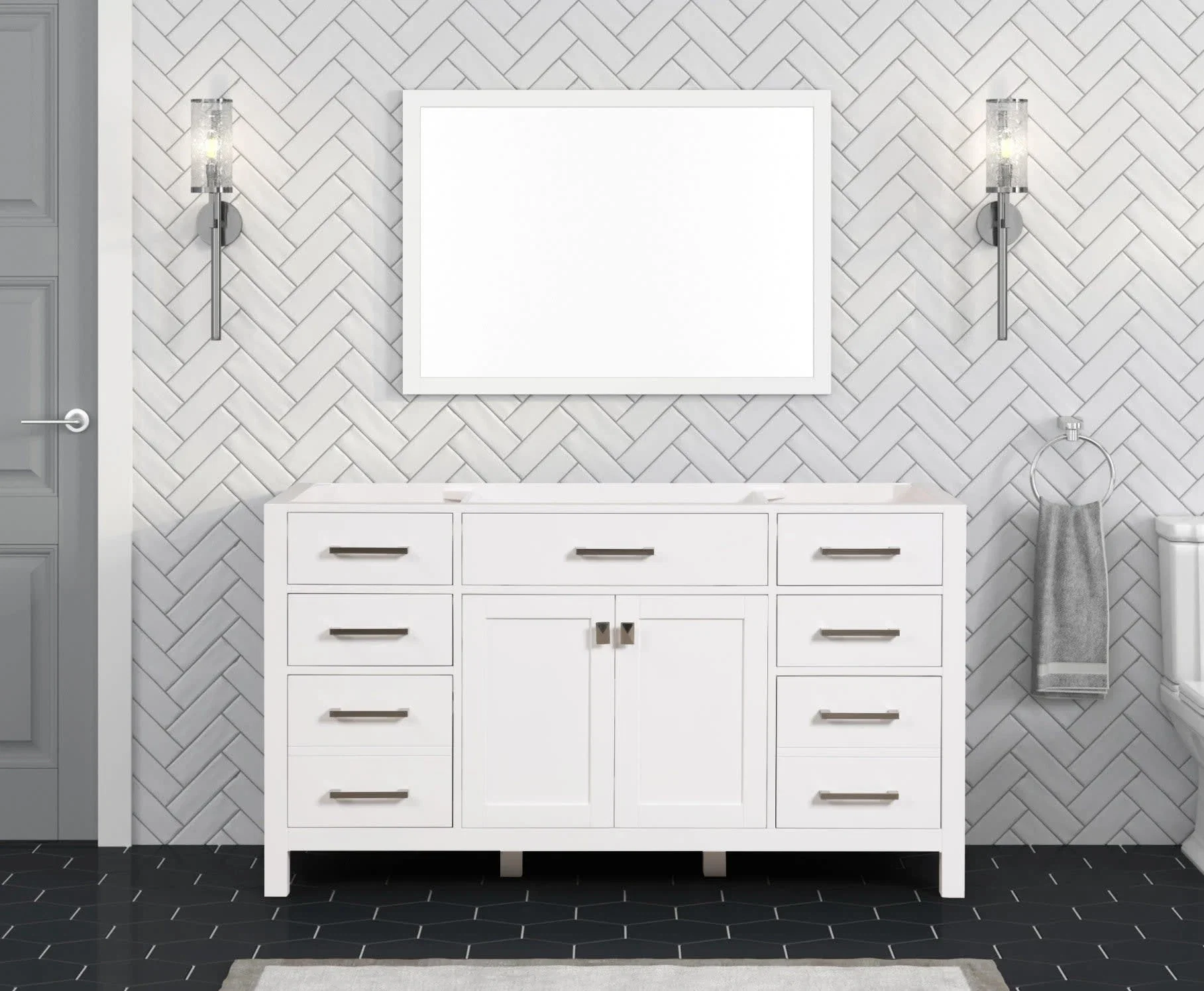 London 60 inch single sink bathroom vanity in Bright White, product view