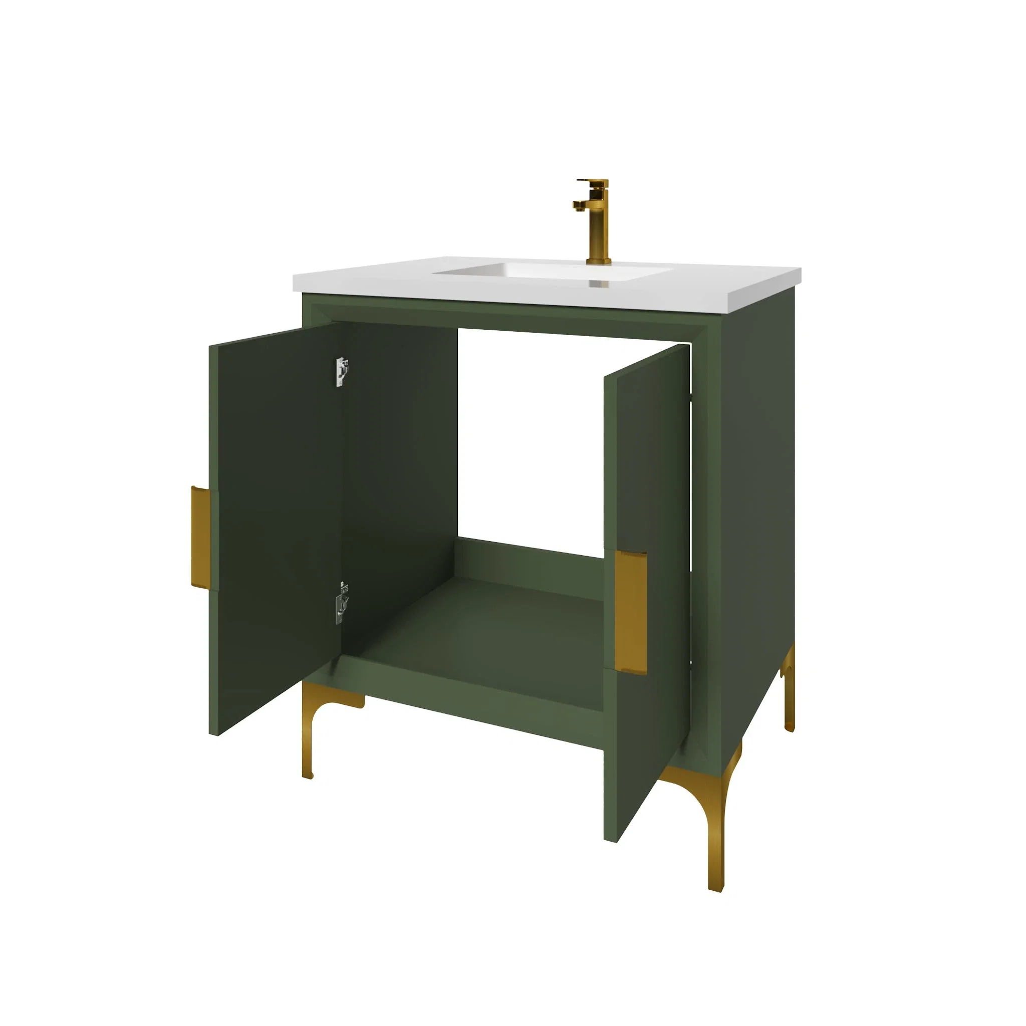 Oxford 30 inch bathroom vanity in Sage Green, doors open