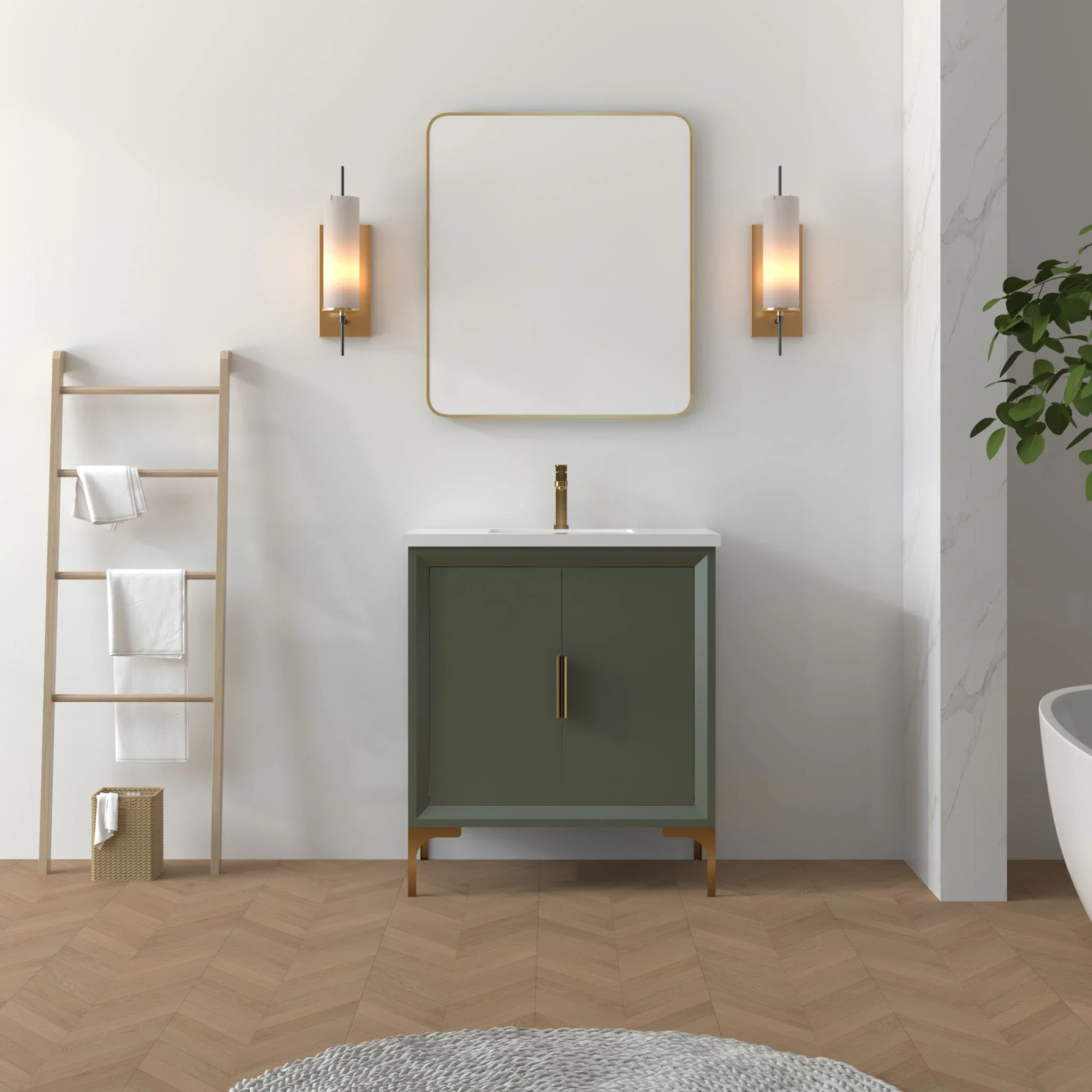 Oxford 30 inch bathroom vanity in Sage Green, styled in a modern bathroom