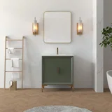 Oxford 30 inch bathroom vanity in Sage Green, styled in a modern bathroom
