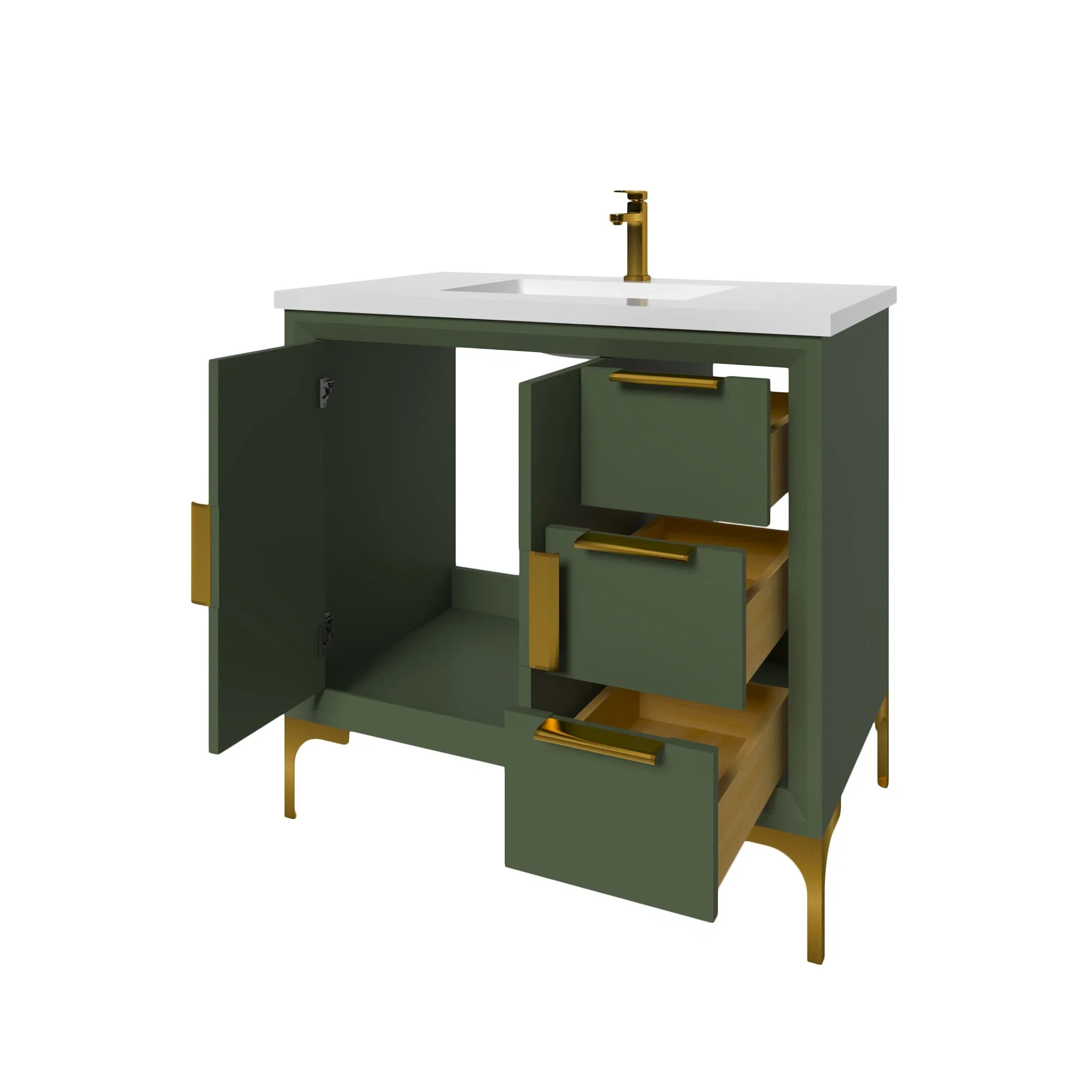 Oxford 36 inch bathroom vanity in Sage Green, doors open