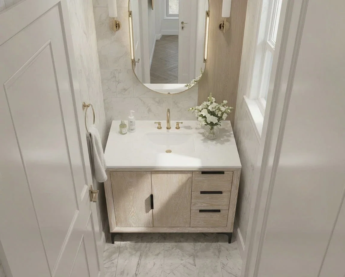 Oxford 36 inch bathroom vanity in Whitewashed Ash, render view