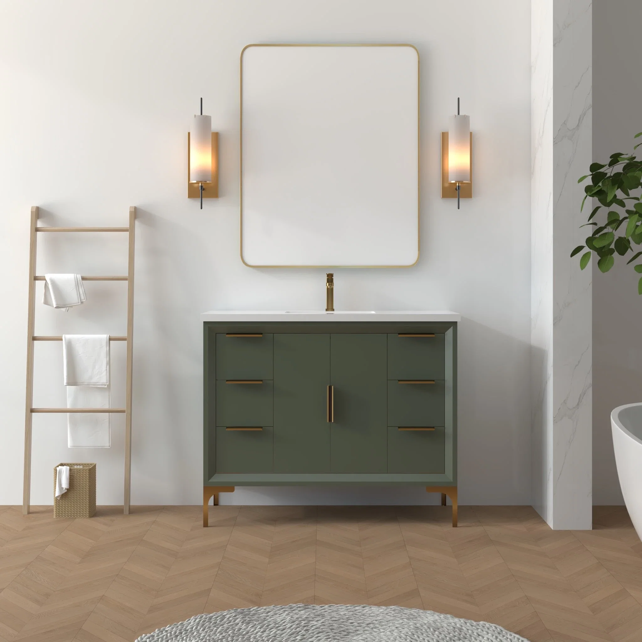 Oxford 42 inch bathroom vanity in Sage Green, styled in a modern bathroom