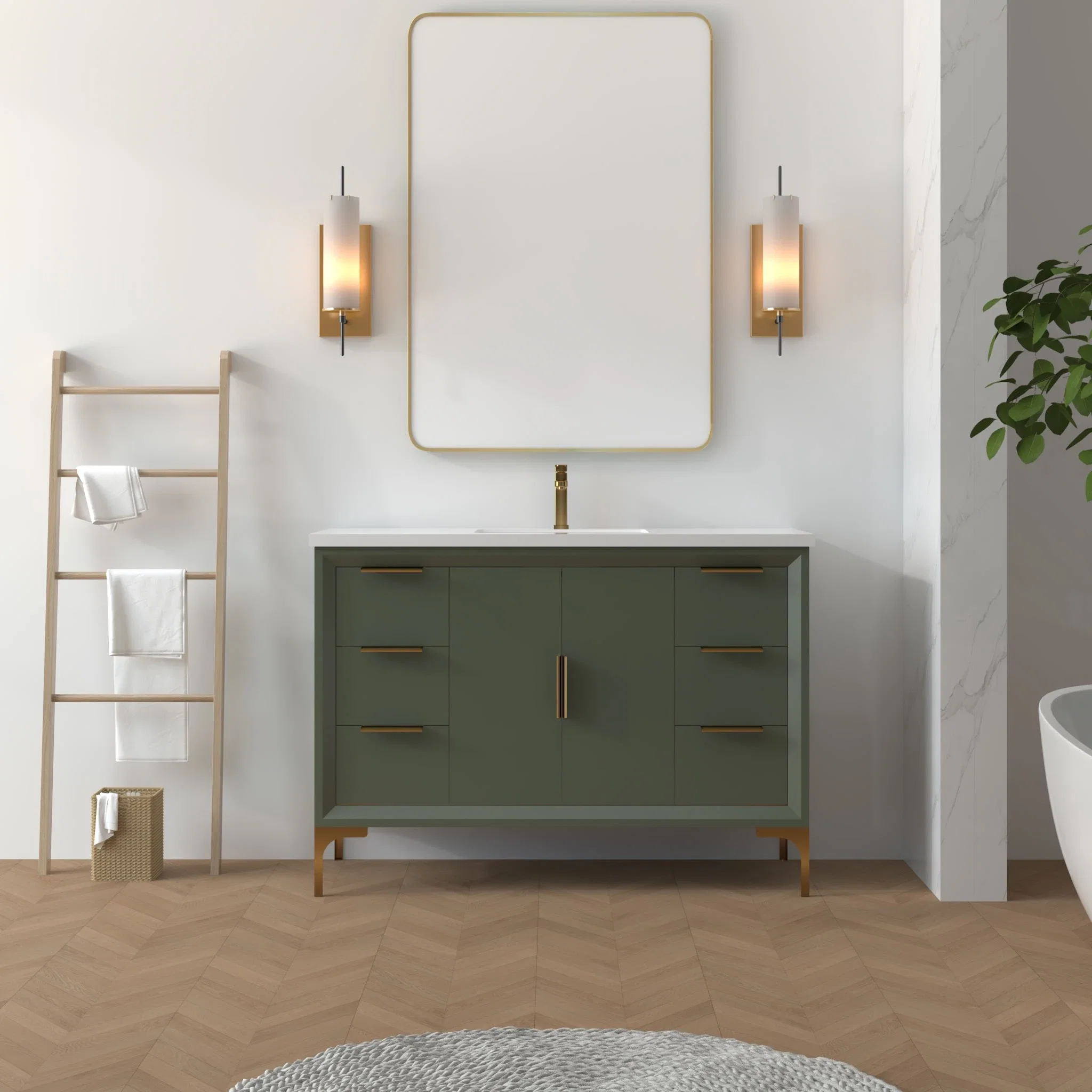 Oxford 48 inch bathroom vanity in Sage Green, styled in a modern bathroom