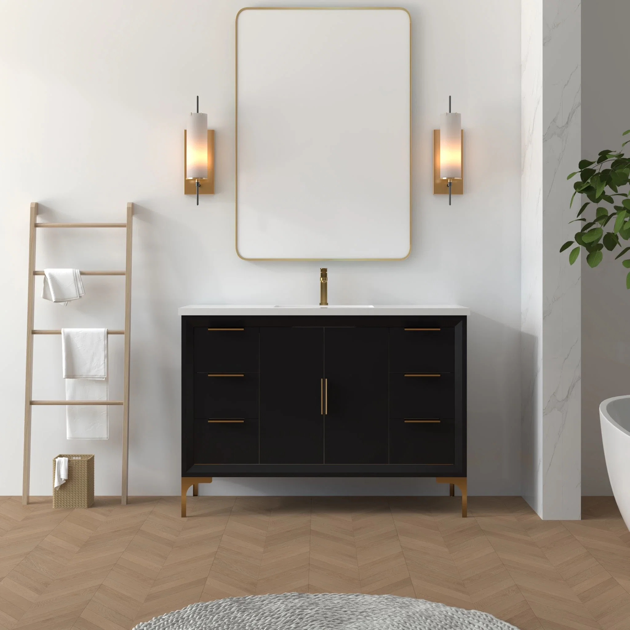 Oxford 48 inch bathroom vanity in Black, styled in a modern bathroom