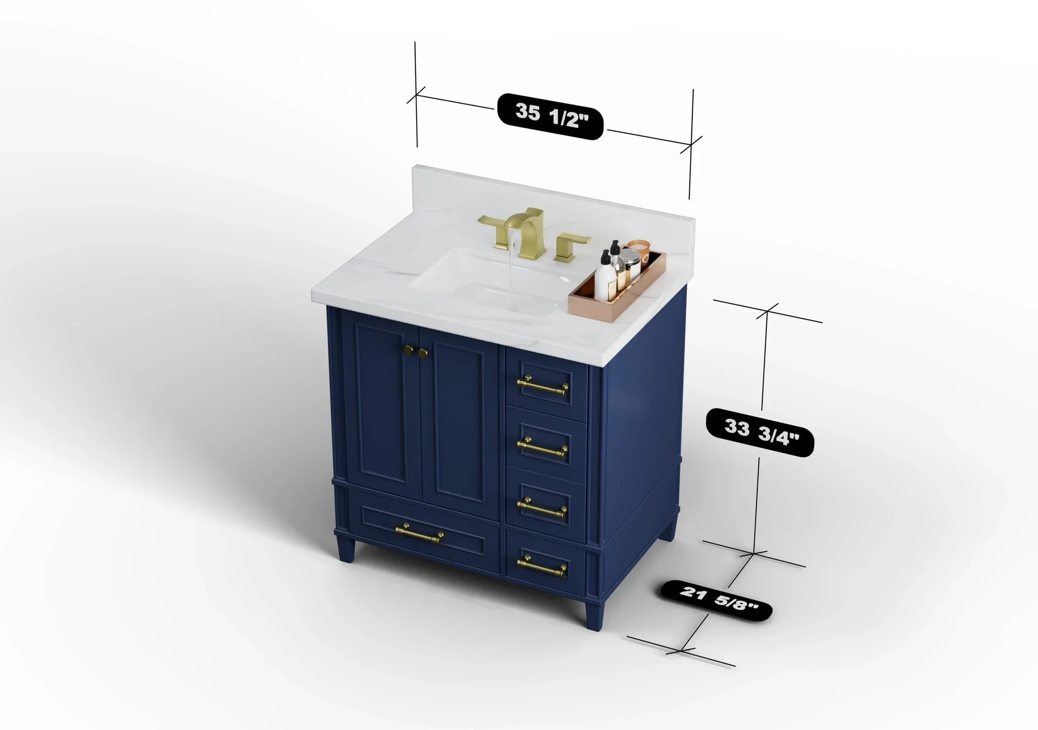 Windsor 36 inch right drawers bathroom vanity in Navy Blue, studio render