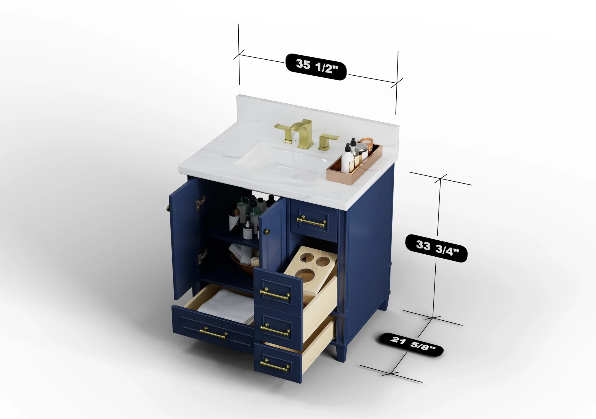 Windsor 36 inch right drawers bathroom vanity in Navy Blue, studio render
