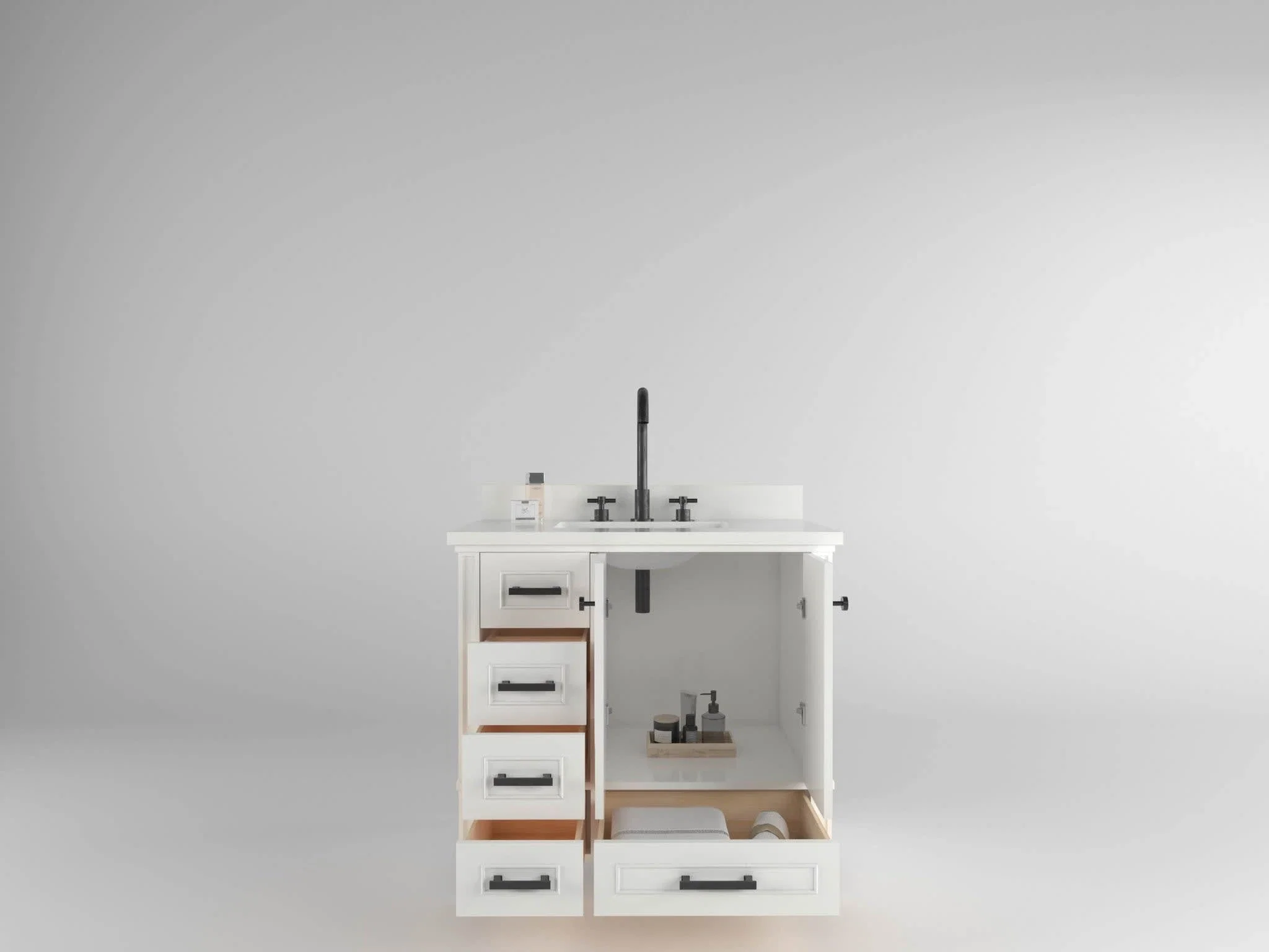Windsor 36 inch left drawers bathroom vanity in Bright White, studio render