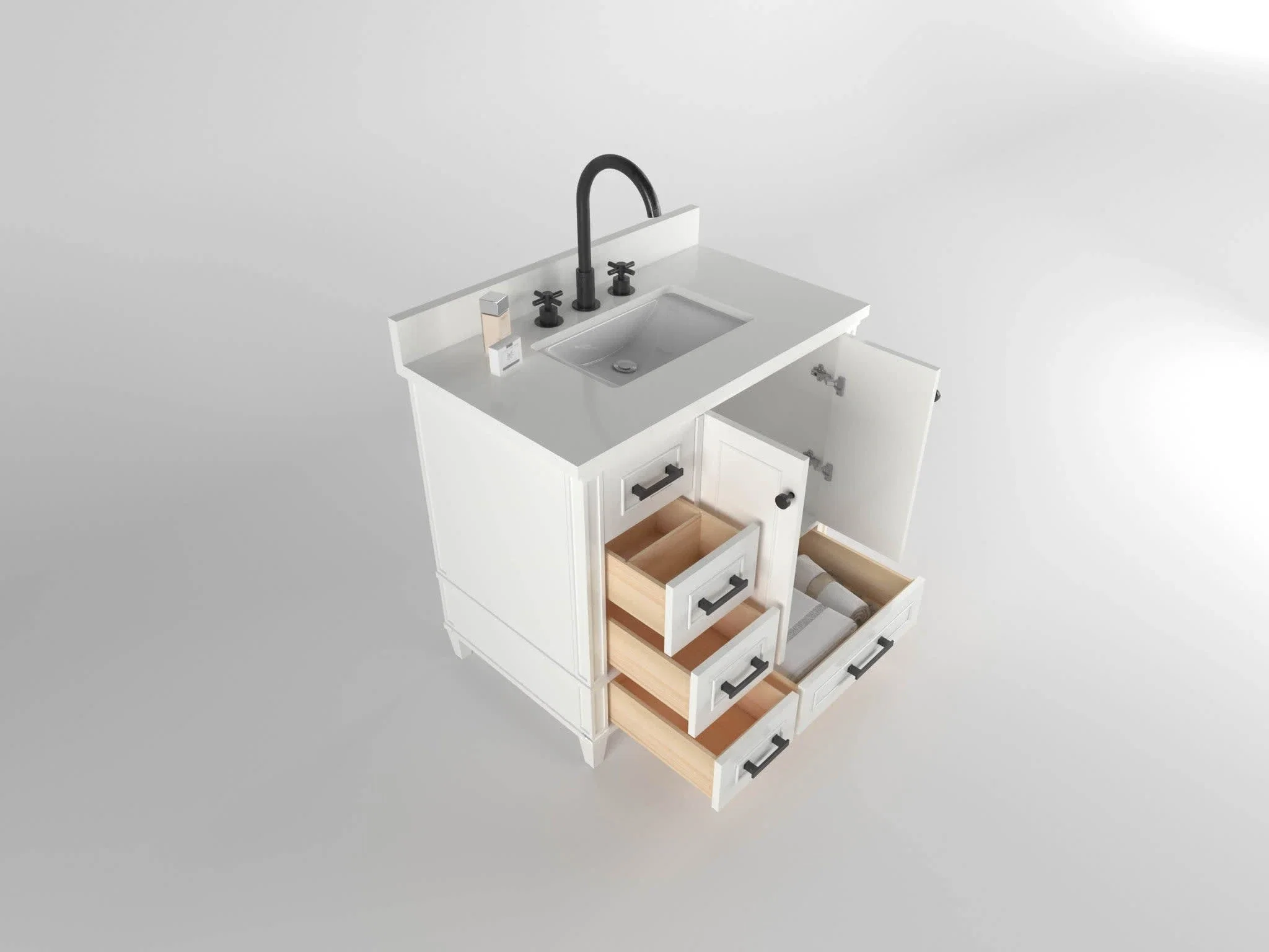 Windsor 36 inch left drawers bathroom vanity in Bright White, studio render