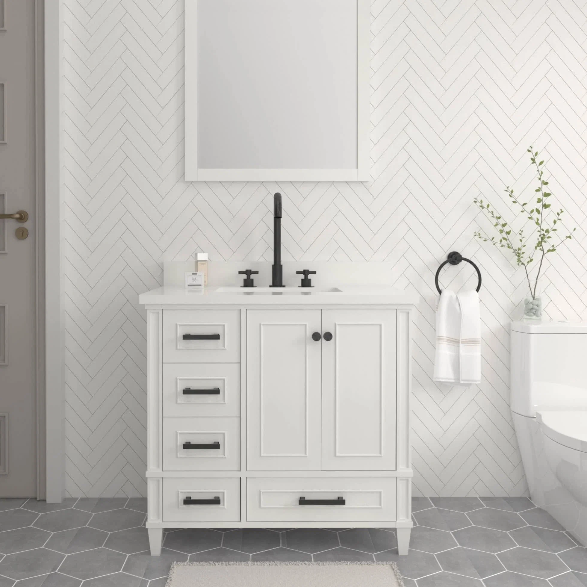 Windsor 36 inch left drawers bathroom vanity in Bright White, styled in a modern bathroom