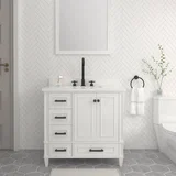 Windsor 36 inch left drawers bathroom vanity in Bright White, styled in a modern bathroom