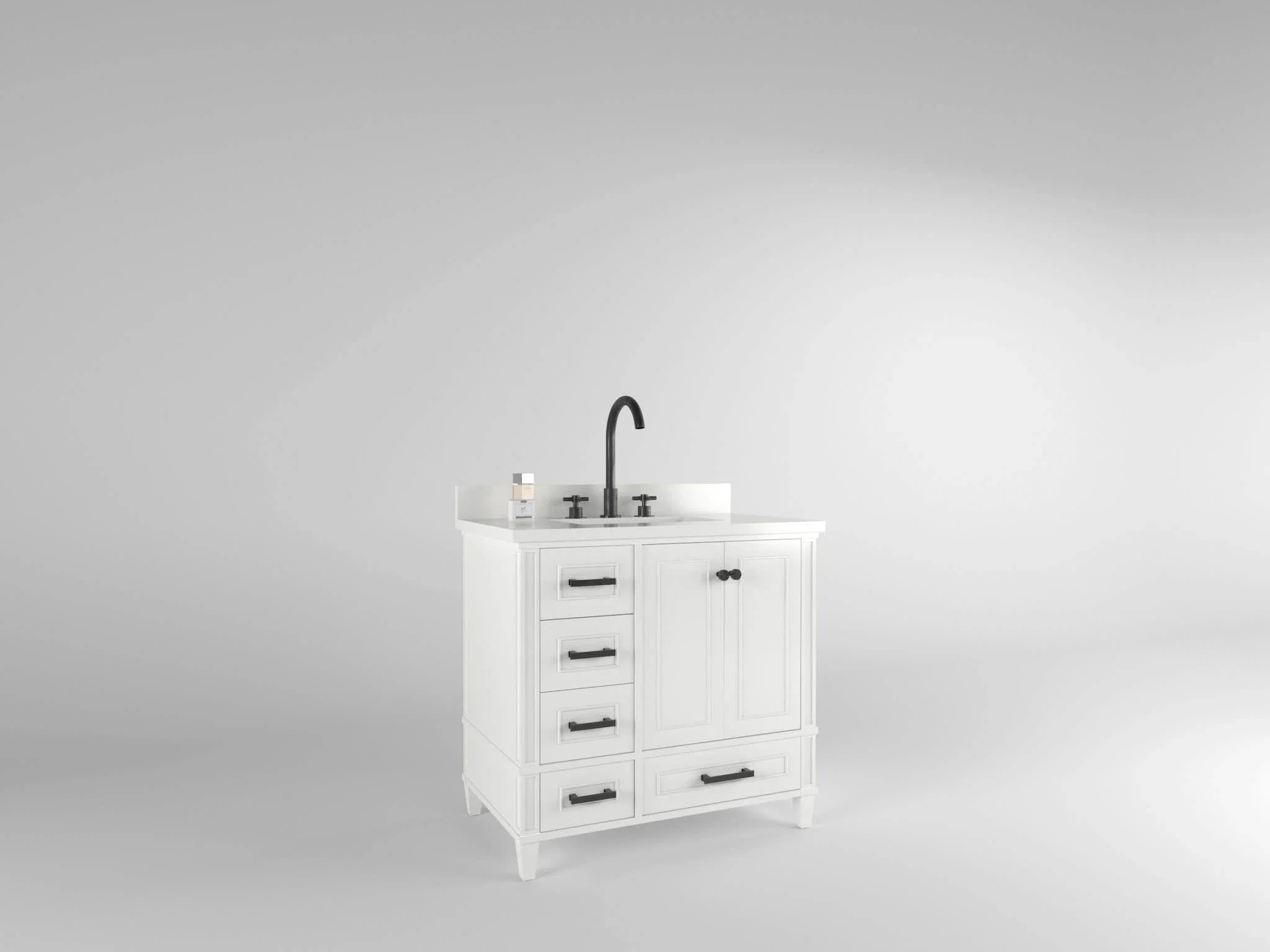 Windsor 36 inch left drawers bathroom vanity in Bright White, studio render