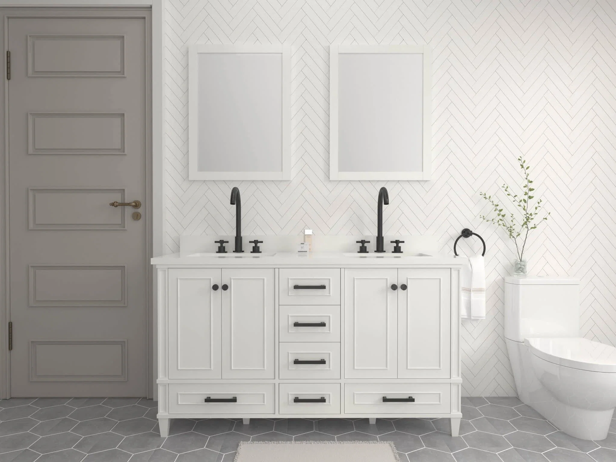 Windsor 60 inch double sink bathroom vanity in Bright White, styled in a modern bathroom