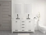 Windsor 60 inch double sink bathroom vanity in Bright White, styled in a modern bathroom