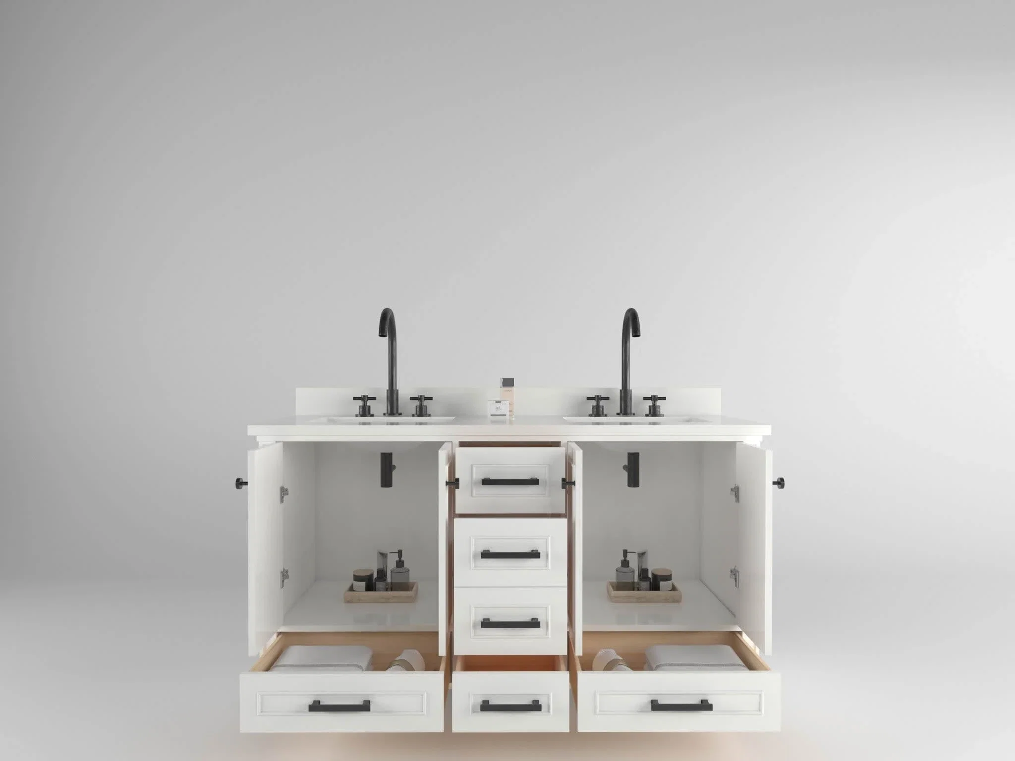 Windsor 60 inch double sink bathroom vanity in Bright White, styled in a modern bathroom