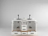 Windsor 60 inch double sink bathroom vanity in Bright White, styled in a modern bathroom