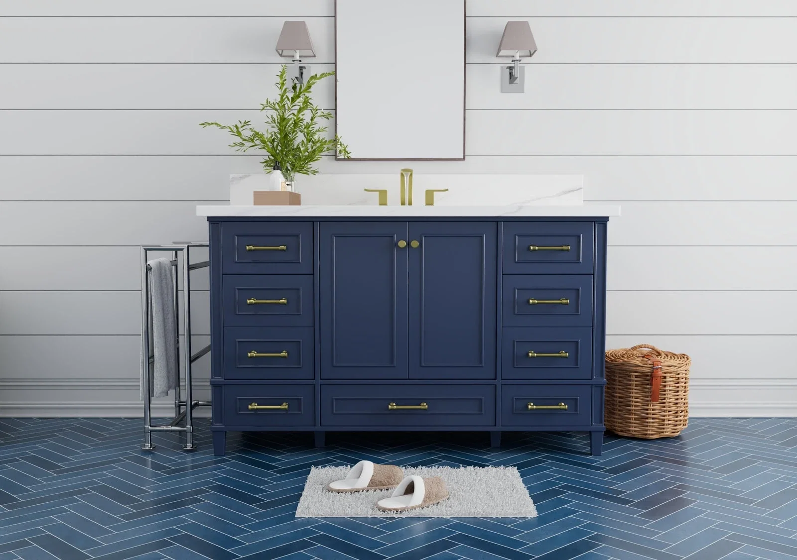 Windsor 60 inch single sink bathroom vanity in Navy Blue, studio render